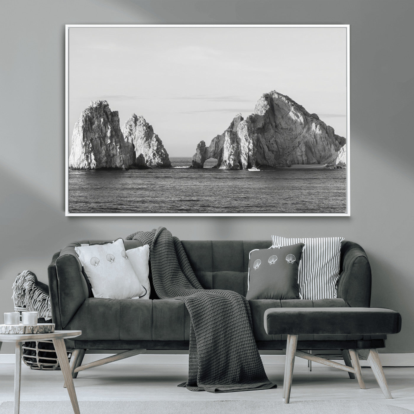 MGV-FC-36X24 - Rugged Coastline Wall Art Canvas Print, Framed Ocean Cliffs Art Picture Print, Monochrome Seascape Perfect Coastal Minimalist Decor Artwork