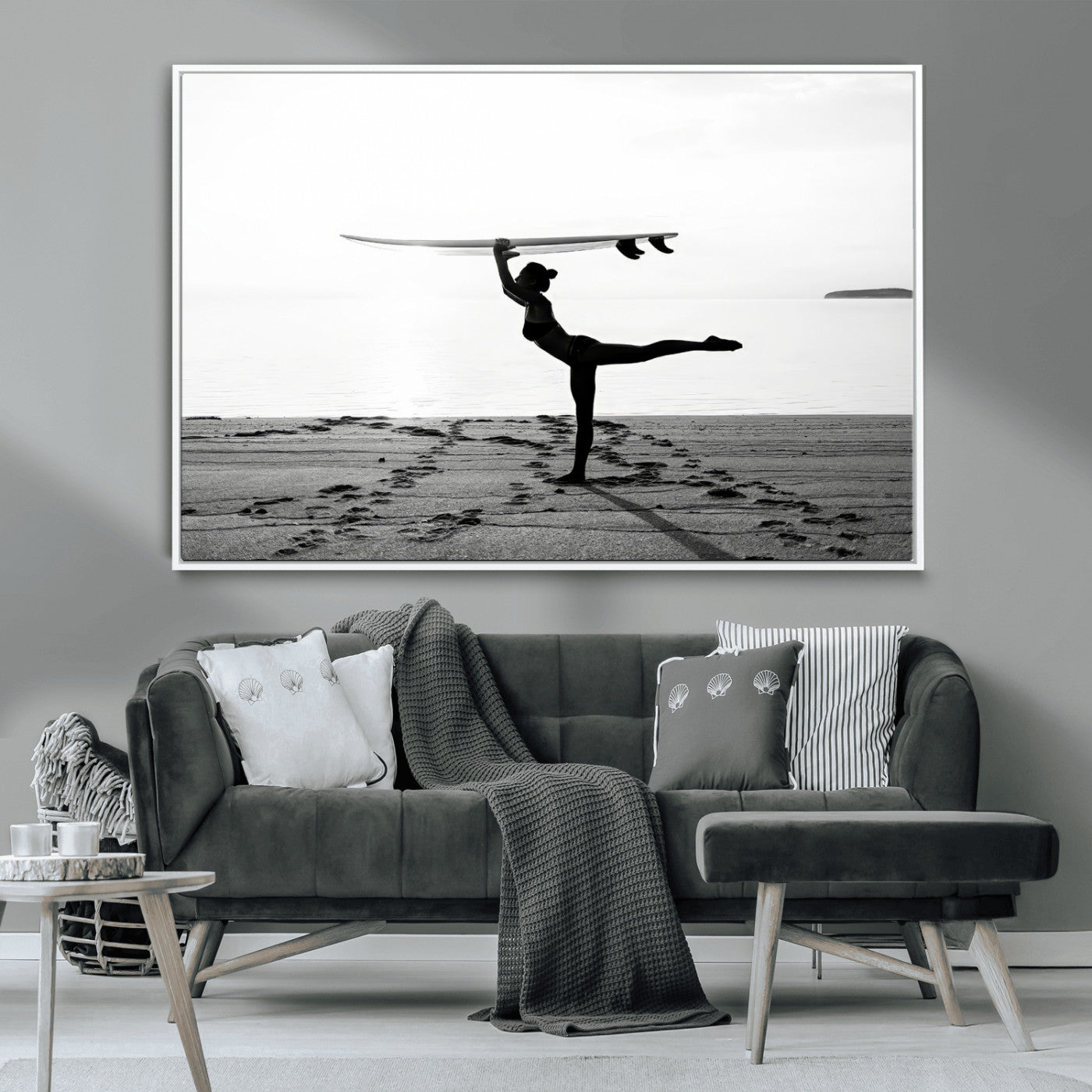 28441356-MGV-CV-36X24-Yoga Surf Wall Art Canvas Print – Framed Black White Shore Scene with Peaceful Ocean Artwork for Home, Office
