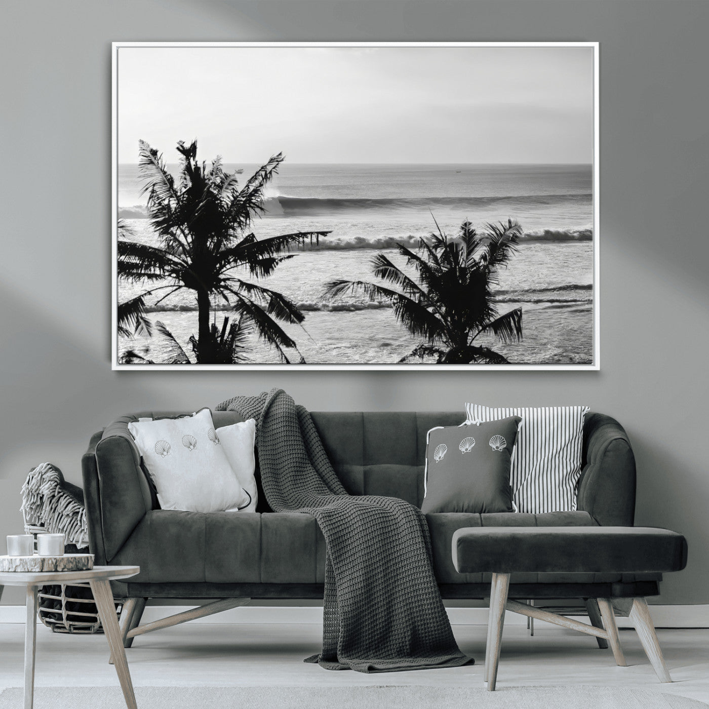 17508038-MGV-FC-36X24_White-Tropical Coastline Wall Art Canvas Print – Framed Palm Trees Scene with Ocean Waves Artwork for Home, Office