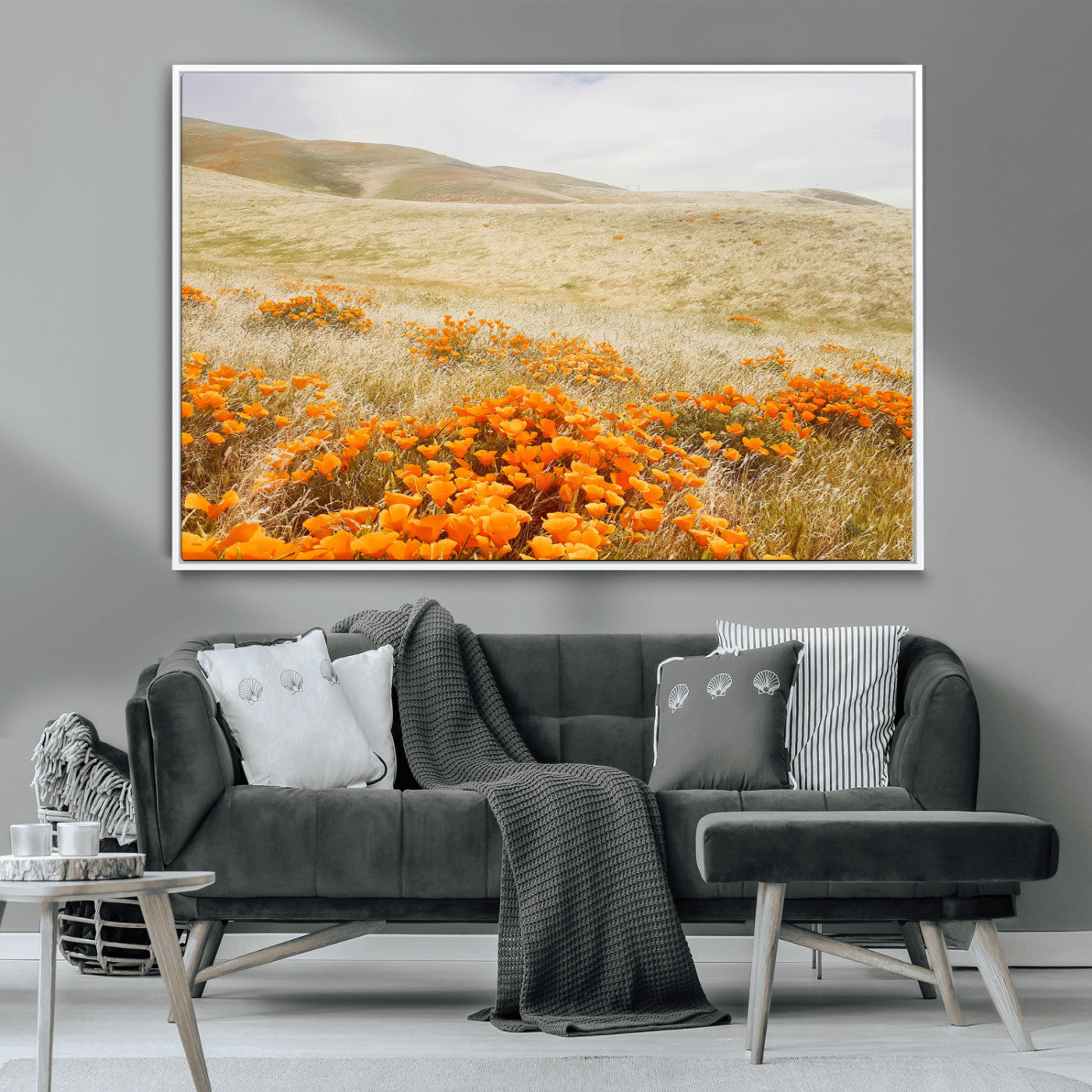 -Golden Wildflowers Wall Art Canvas Print – Framed Hills Bloom Scene with Poppy Meadow Artwork for Home, Office