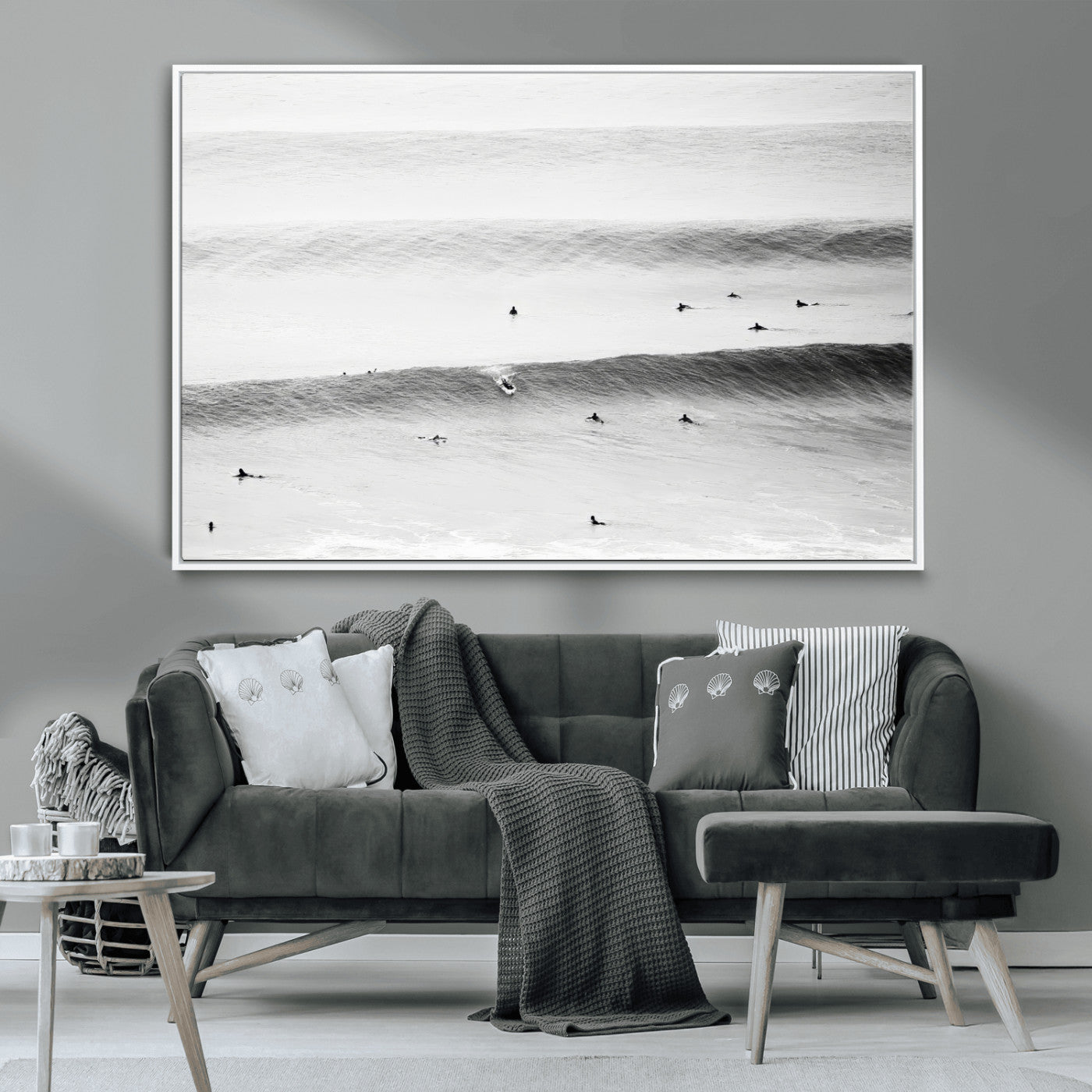 54291445-MGV-FC-36X24_White-Black White Ocean Wall Art Canvas Print – Framed Coastal Sport Scene with Ocean Culture Artwork for Home, Office