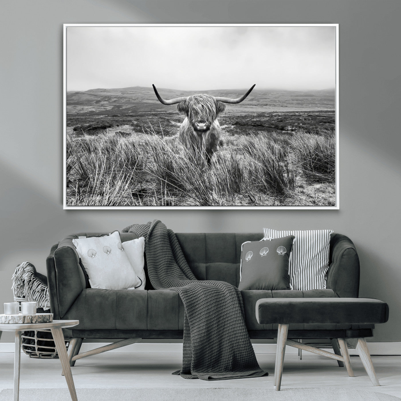 -Monochrome Highland Cow Wall Art Canvas Print – Framed Scottish Bull Lone Cattle Rustic Farmhouse Artwork for Home, Office