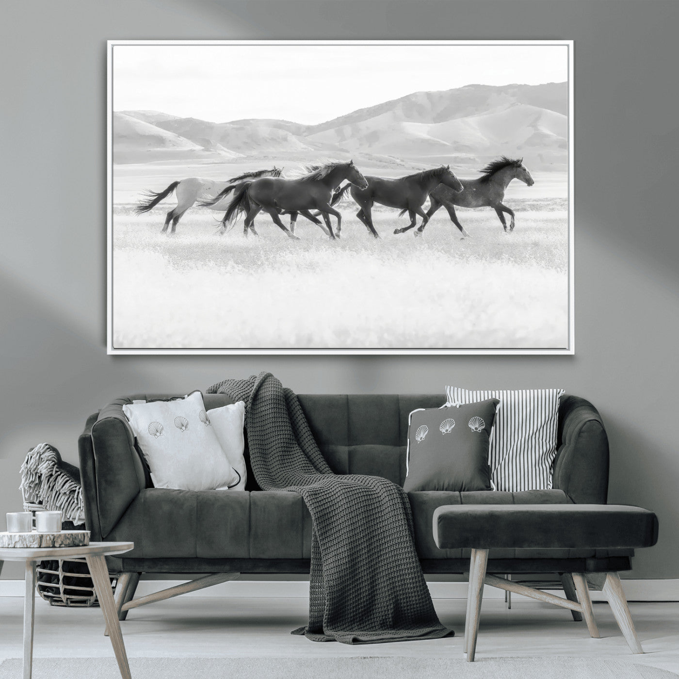 MGV-FC-36X24 - Wild Horses Wall Art – Black & White Canvas Print of Herd Running, Nature in Motion, Freedom & Beauty Decor for Guest Room, Office or Living Room