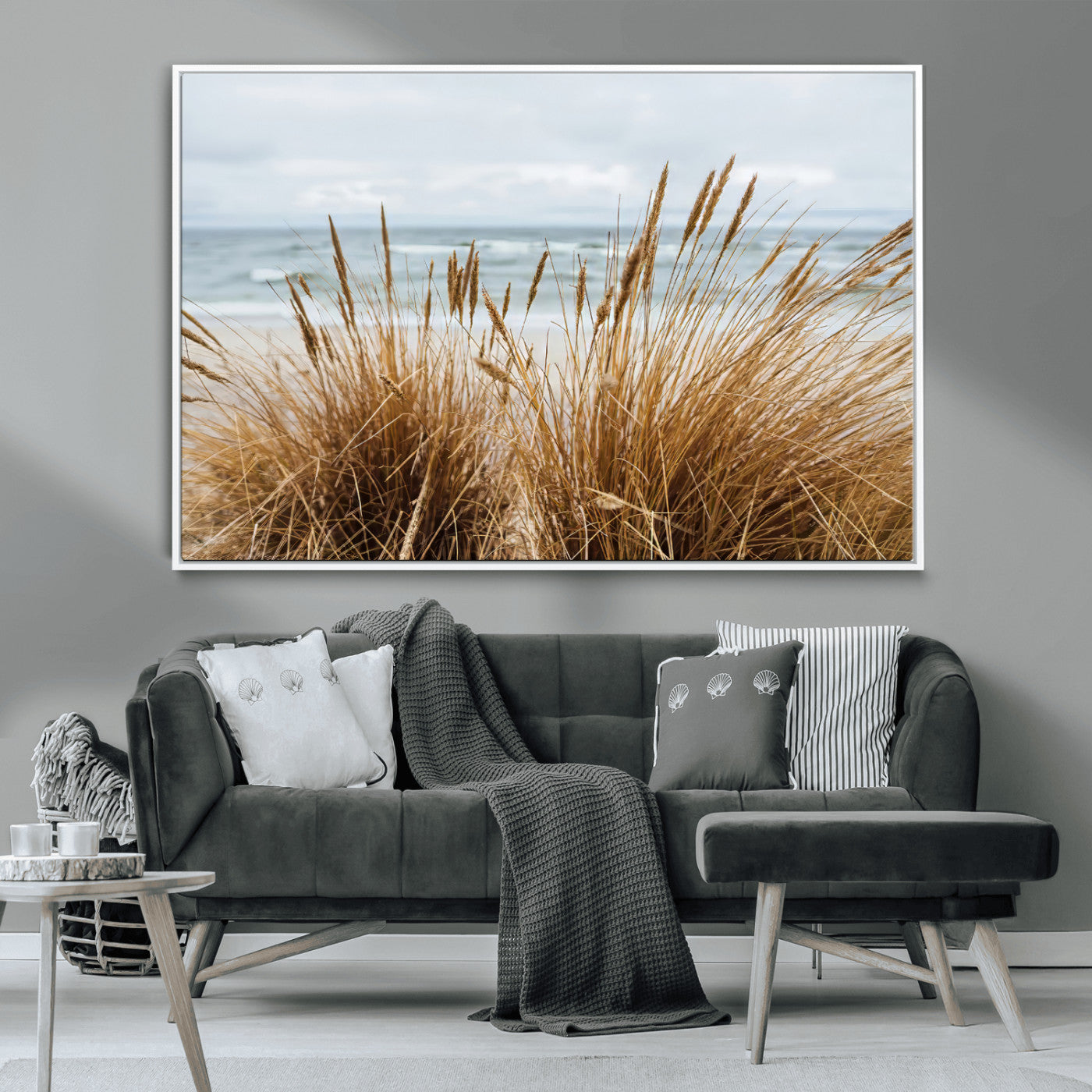 14270839-MGV-CV-36X24-Beach Grass Wall Art – Framed Coastal Dunes Canvas Artwork, Minimal Seaside Design, Modern Coastal Decor for Home, Office