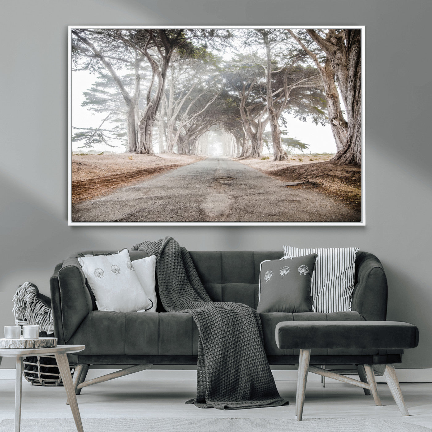 87090469-MGV-CV-36X24-Cypress Tunnel Wall Art – Framed Misty Road Canvas Artwork, Foggy Trees Design, Rustic Woodland Nature Decor for Home, Office