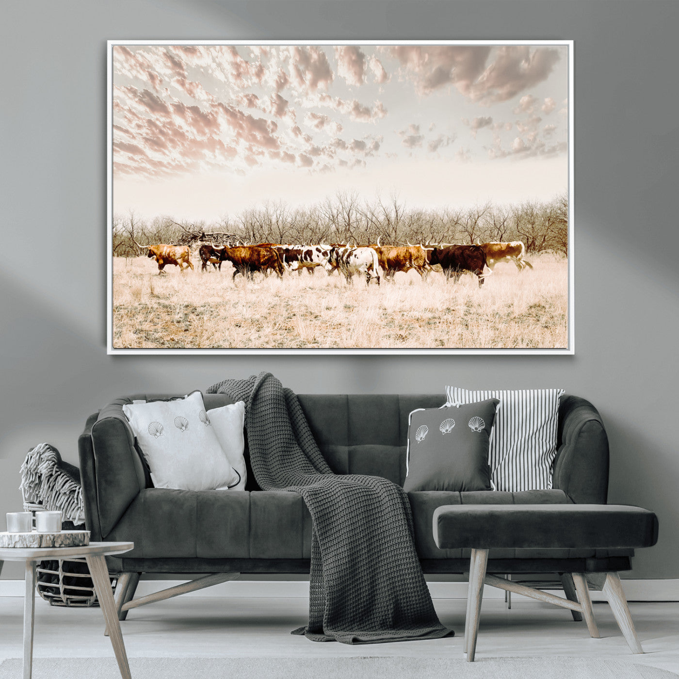 64892775-MGV-CV-36X24 - Longhorn Cattle Wall Art Canvas Print, Framed Texas Ranch Art Picture Print, Western Cow Perfect Western Decor Artwork