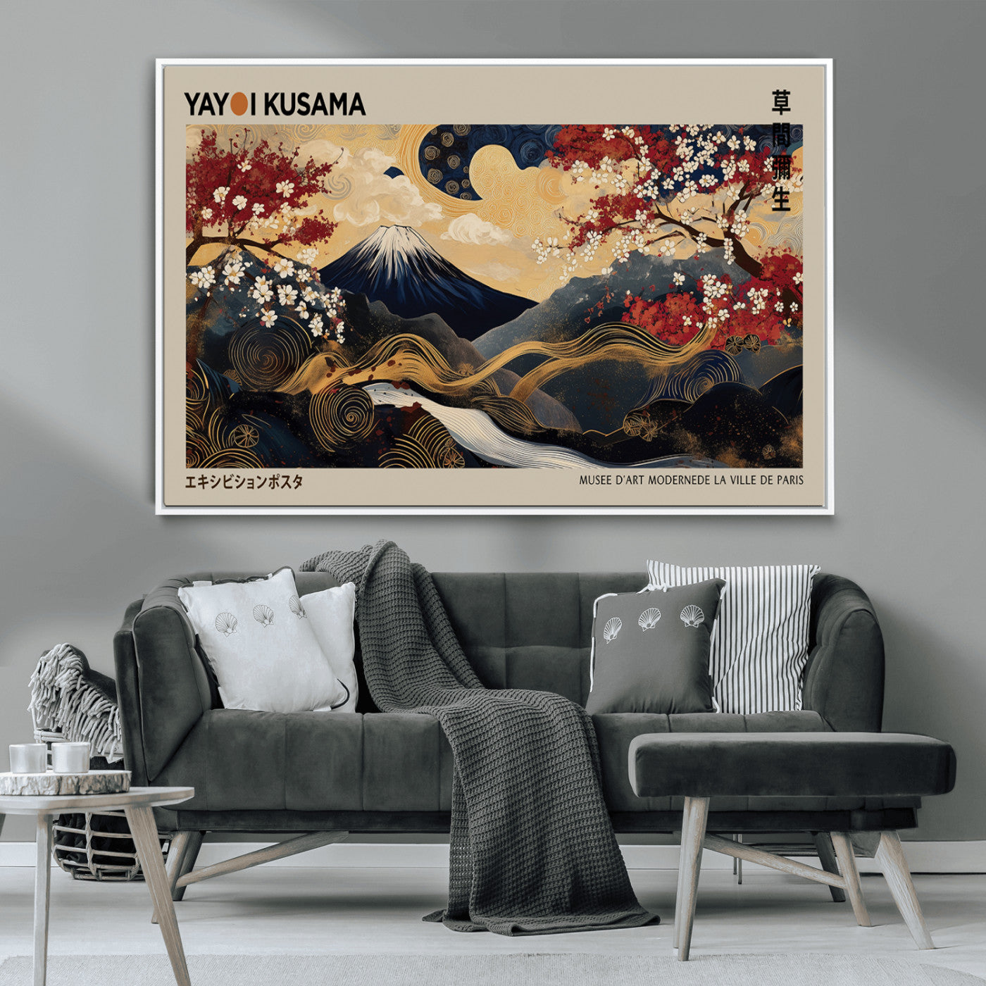 54967195-MGV-CV-36X24-Modern Japanese Wall Art Canvas Print – Framed Abstract Mount Fuji Scene with Yayoi Kusama Japanese Artwork for Home, Office
