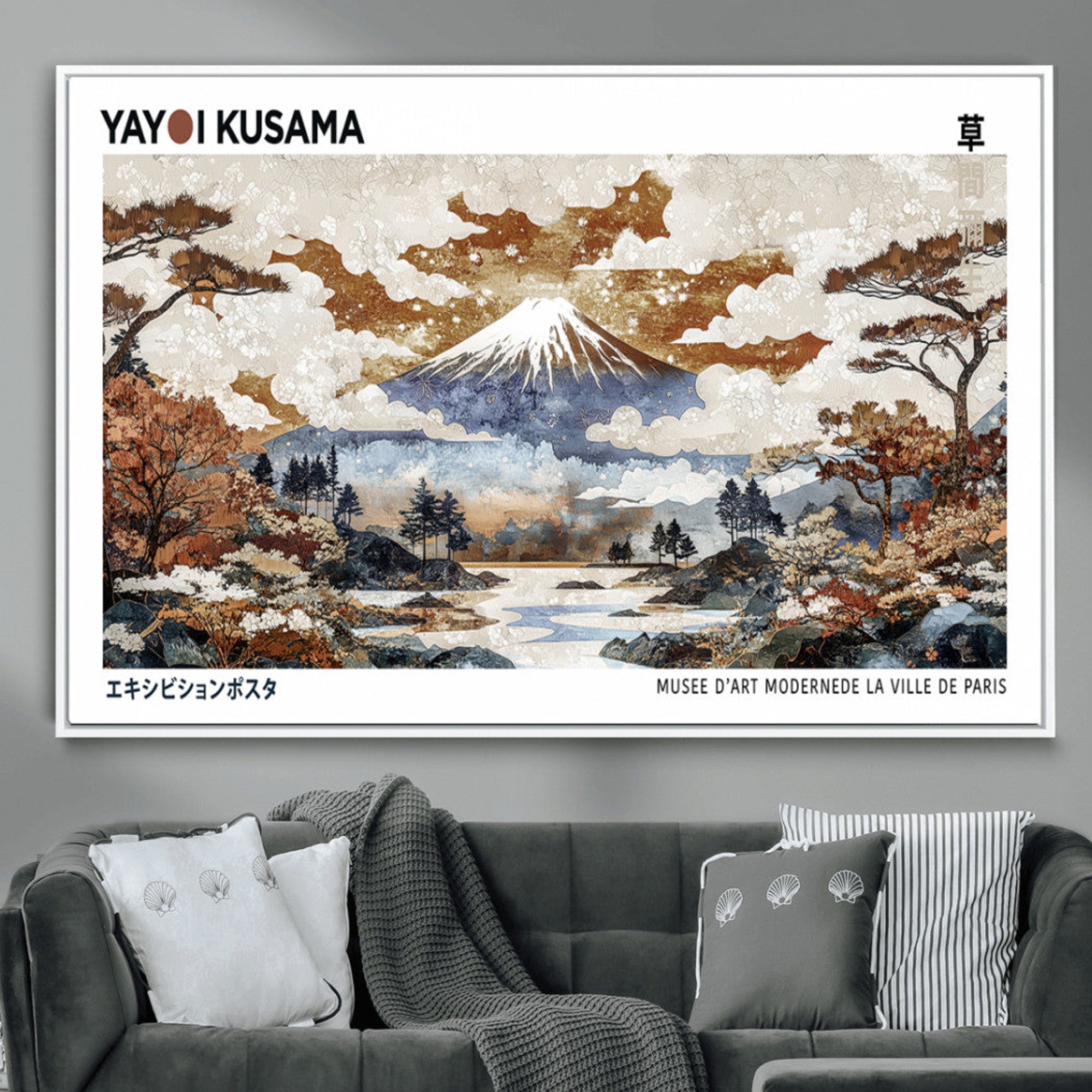 80111817-MGV-CV-36X24-Modern Japanese Wall Art Canvas Print – Framed Abstract Mount Fuji Scene with Yayoi Kusama Artwork for Home, Office