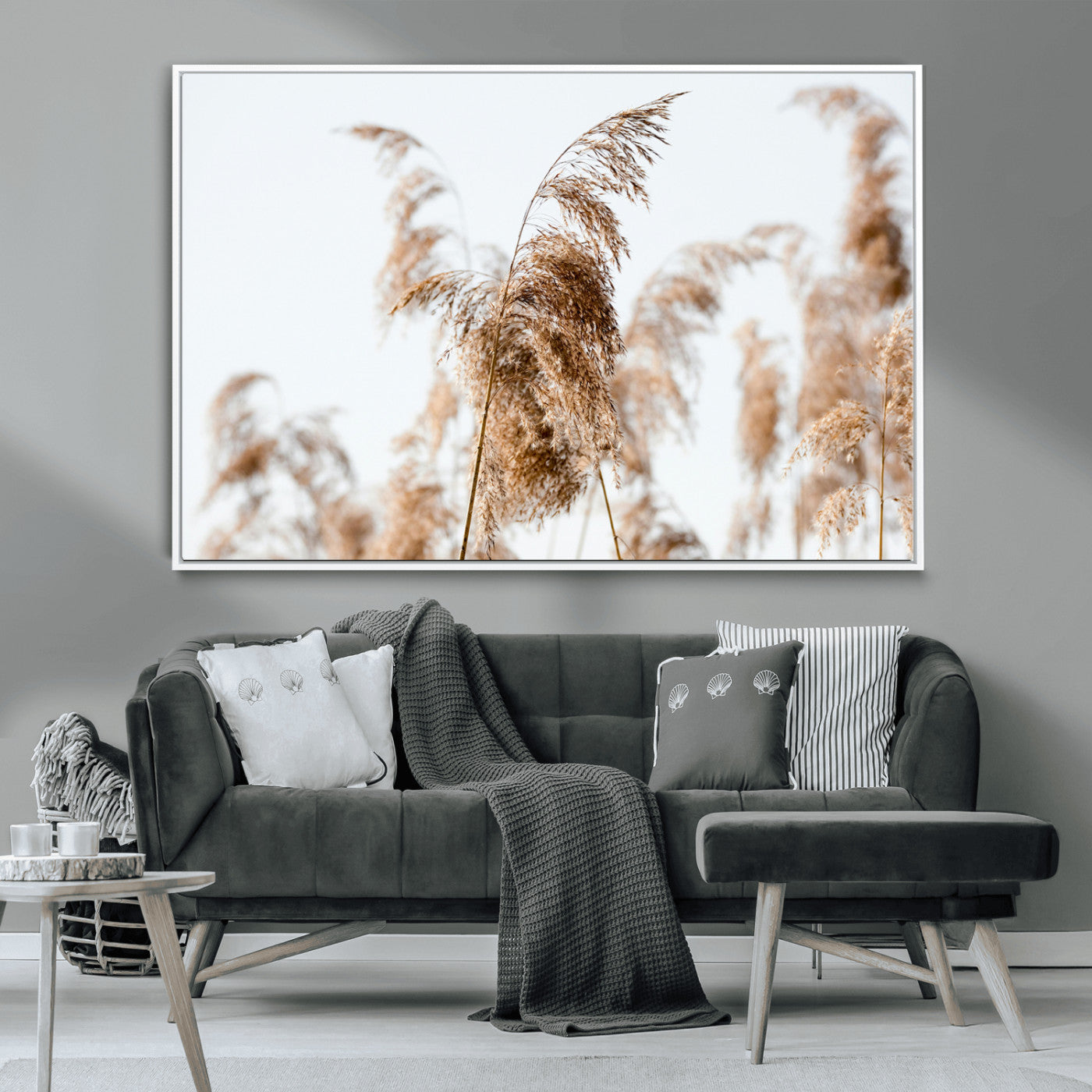 -Pampas Grass Wall Art Canvas Print – Framed Neutral Tones Minimalist Nature Boho Scene Artwork for Home Office