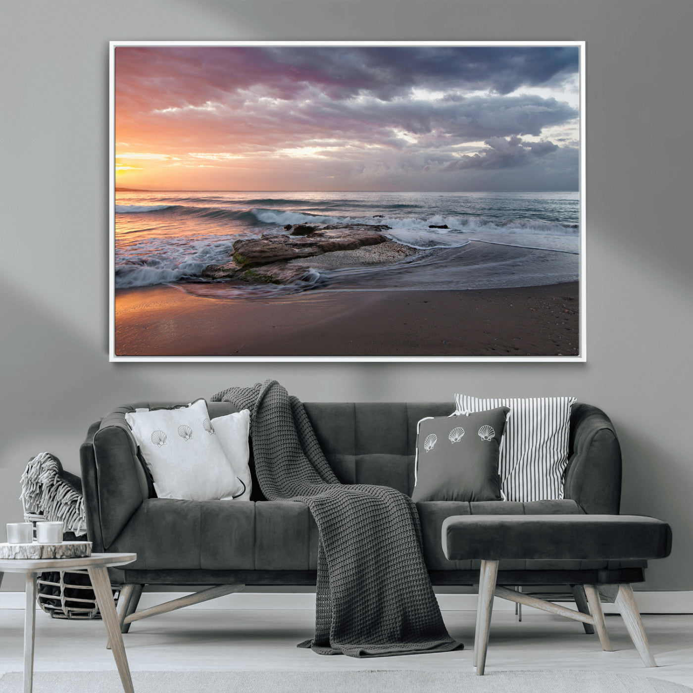 94208089-MGV-FC-36X24_White-Golden Hour Wall Art Canvas Print – Framed Tranquil Waves Beach Coastal Serenity Nature Scene Artwork for Home Office