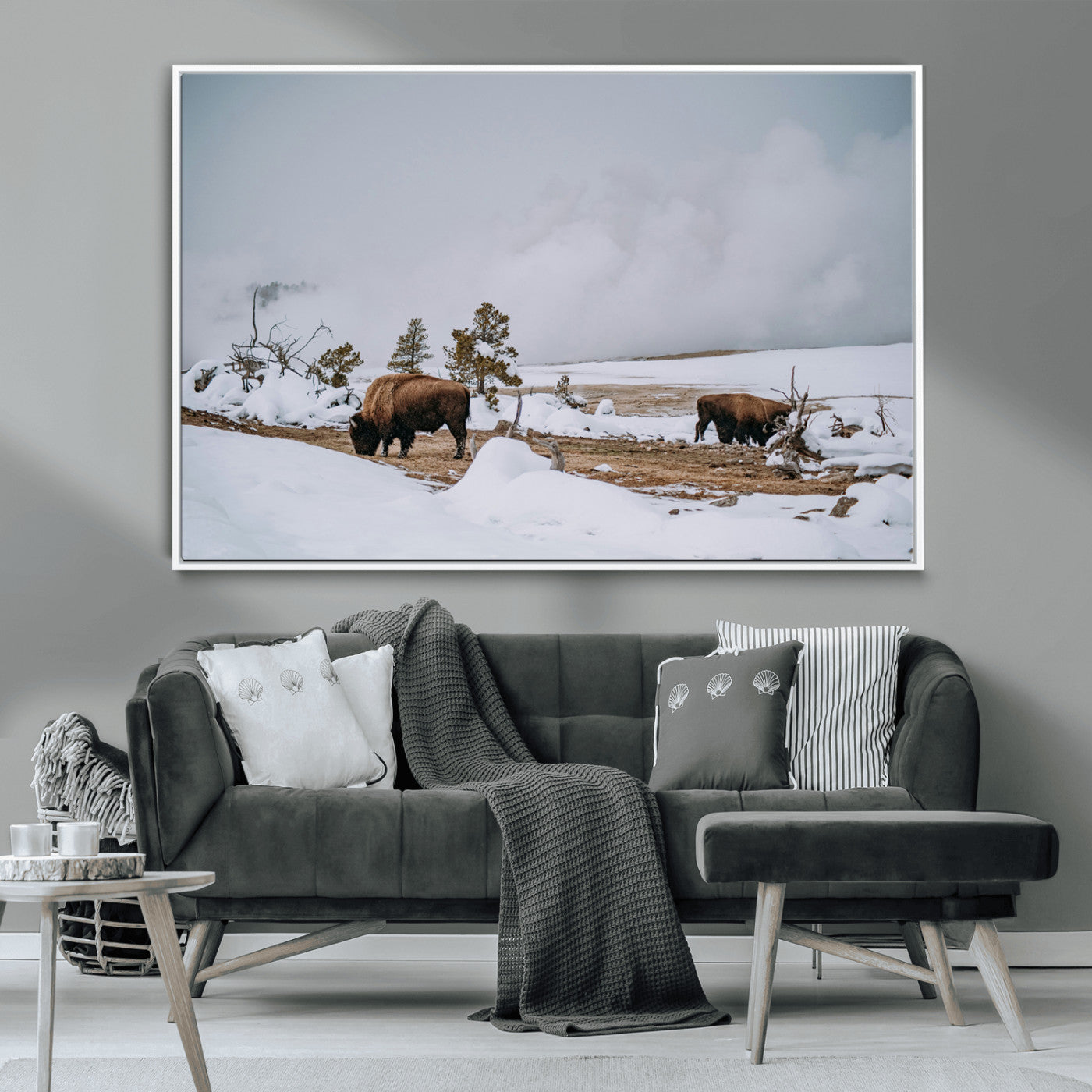 -Bison Wildlife Wall Art Canvas Print – Framed Snowy Prairie Western Rustic Nature Scene Artwork for Home Office