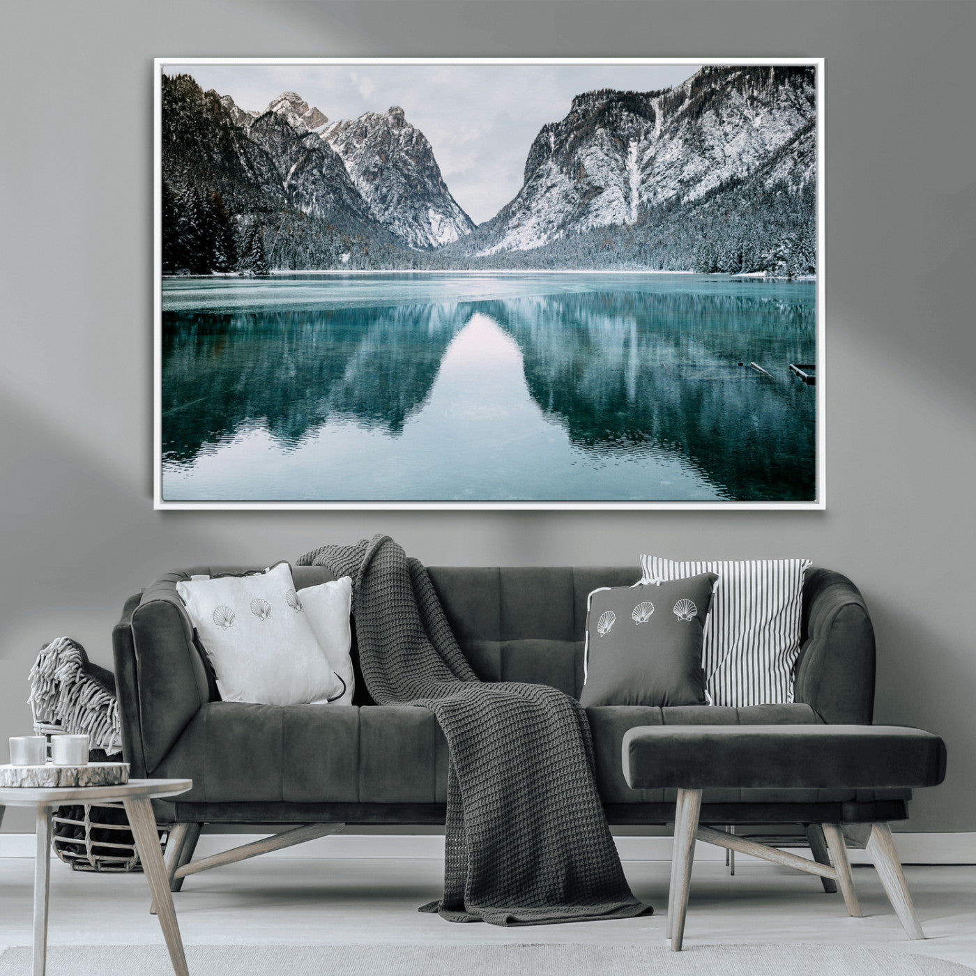 73098373-MGV-CV-36X24-Mountain Lake Wall Art Canvas Print – Framed Snowy Peaks Wonderland Nature Scene Artwork for Home Office