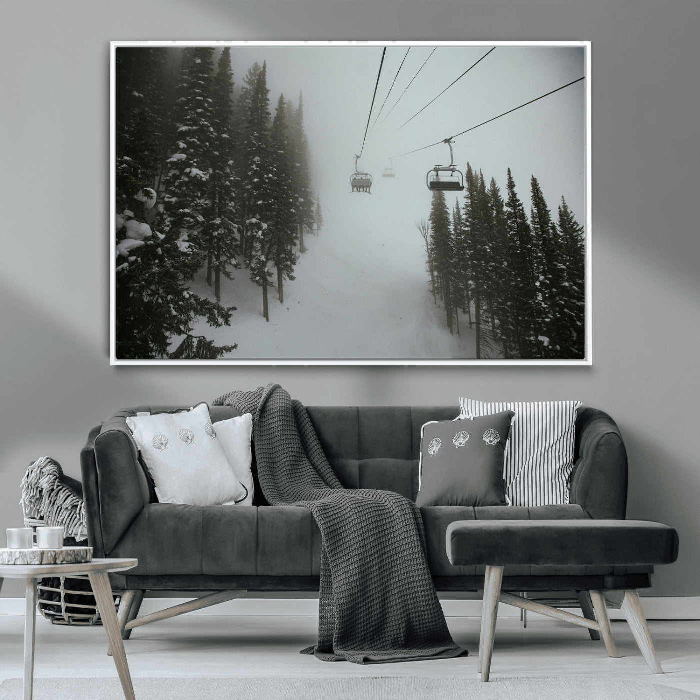 -Ski Lift Wall Art Canvas Print – Snowy Pines Misty Landscape Winter Serenity Artwork for Home, Office Decor