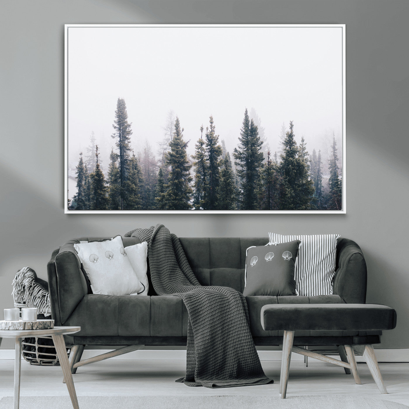 -Foggy Forest Wall Art Canvas Print – Framed Misty Pines Moody Woodland Nature Scene Artwork for Home Office