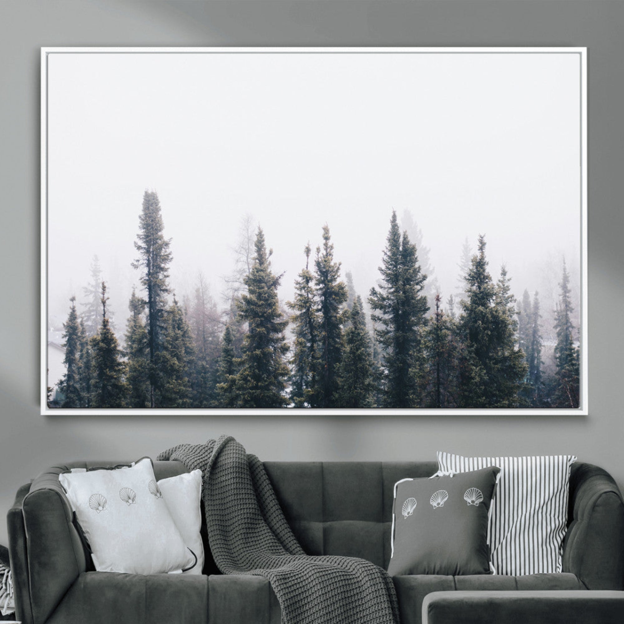 42364796-MGV-CV-36X24-Foggy Forest Wall Art Canvas Print – Framed Misty Pines Moody Woodland Nature Scene Artwork for Home Office