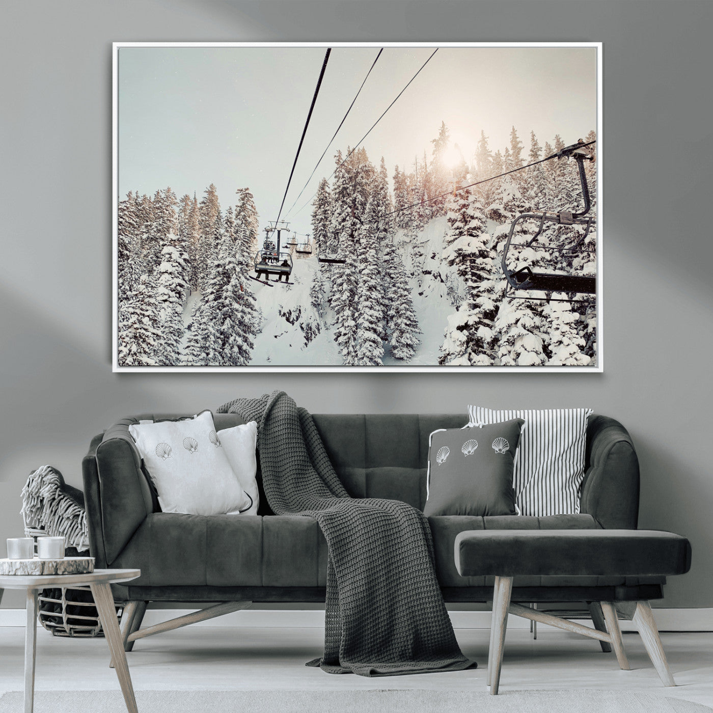 91534512-MGV-CV-36X24-Frosty Pines Wall Art Canvas Print – Framed Cozy Cabin Ski Lift Ride Winter Scene Artwork for Home Office