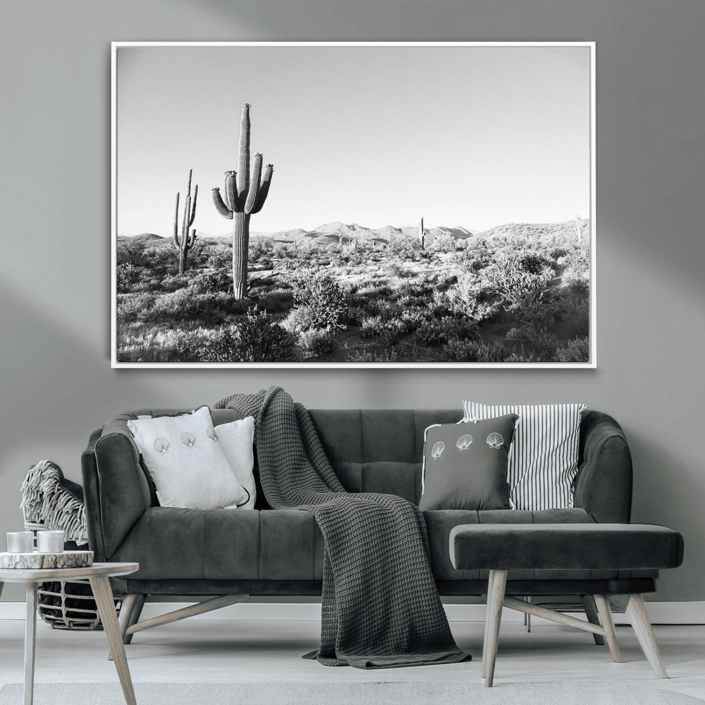 85205054-MGV-CV-36X24-Saguaro Cactus Wall Art Canvas Print – Framed Monochrome Landscape Scenic Arizona Minimalist Western Artwork for Home, Office