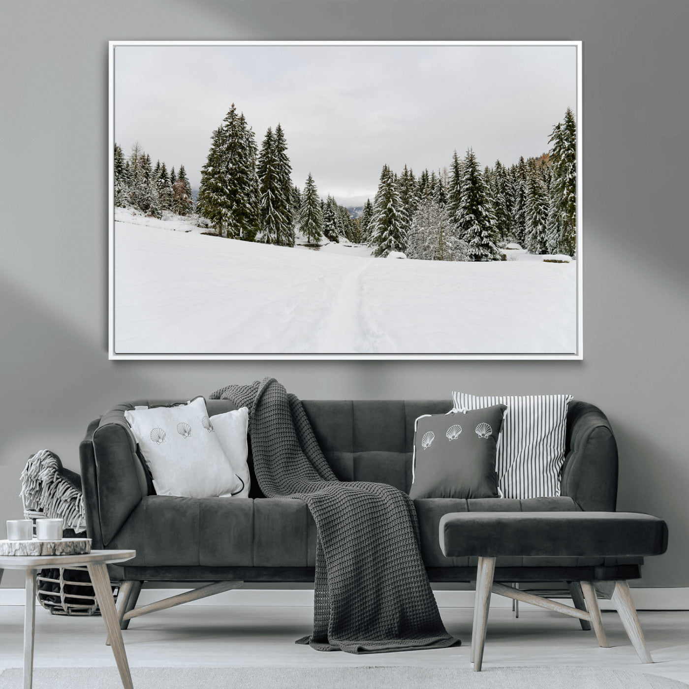 -Frosty Pines Wall Art Canvas Print, Framed Silent Snowfall Art Picture Print, Cozy Cabin Vibes Perfect Nordic Minimalist Decor Artwork