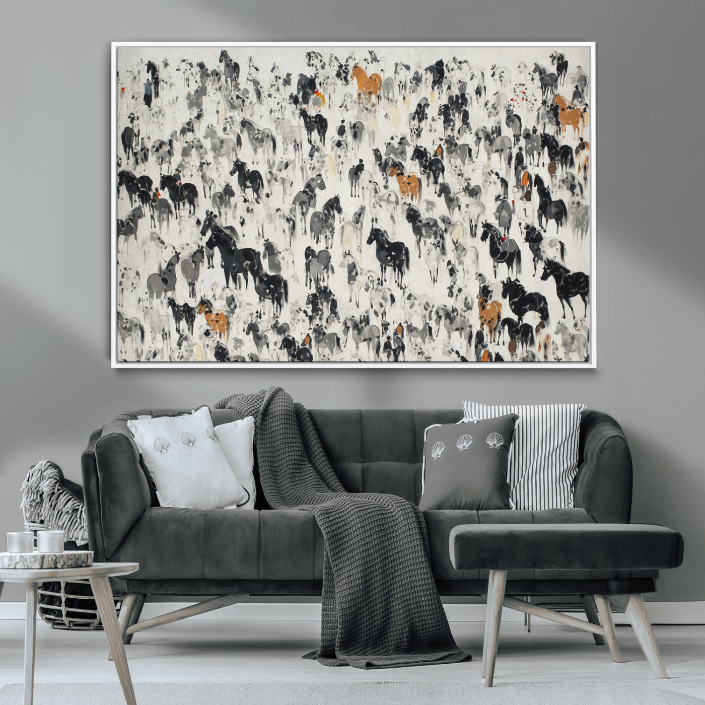 56463722-MGV-FC-36X24_White-Wild Horse Stampede Wall Art Canvas Print – Monochrome Running Horses Dynamic Motion Elegant Scene Artwork for Home, Office