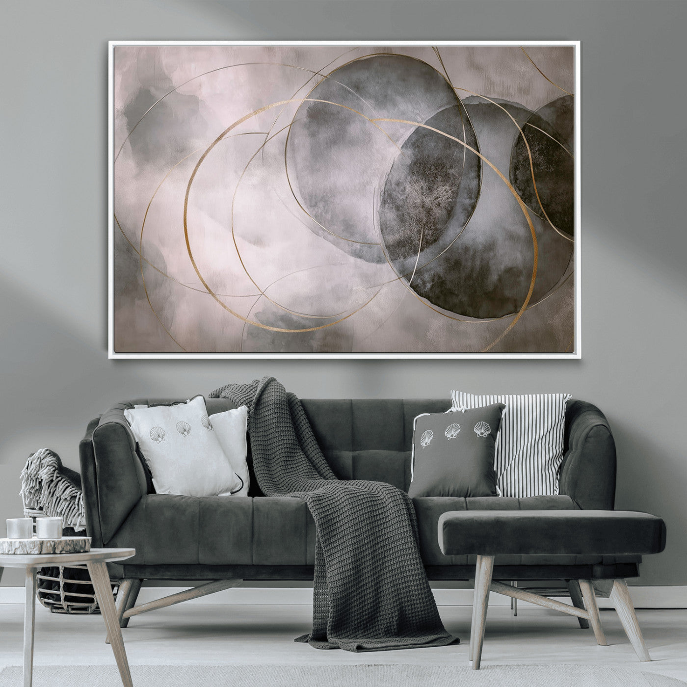 20066876-MGV-CV-36X24-Abstract Grey Gold Circle Wall Art – Modern Geometric Canvas Artwork, Minimal Elegant Design, Luxury Wall Decor for Home, Office