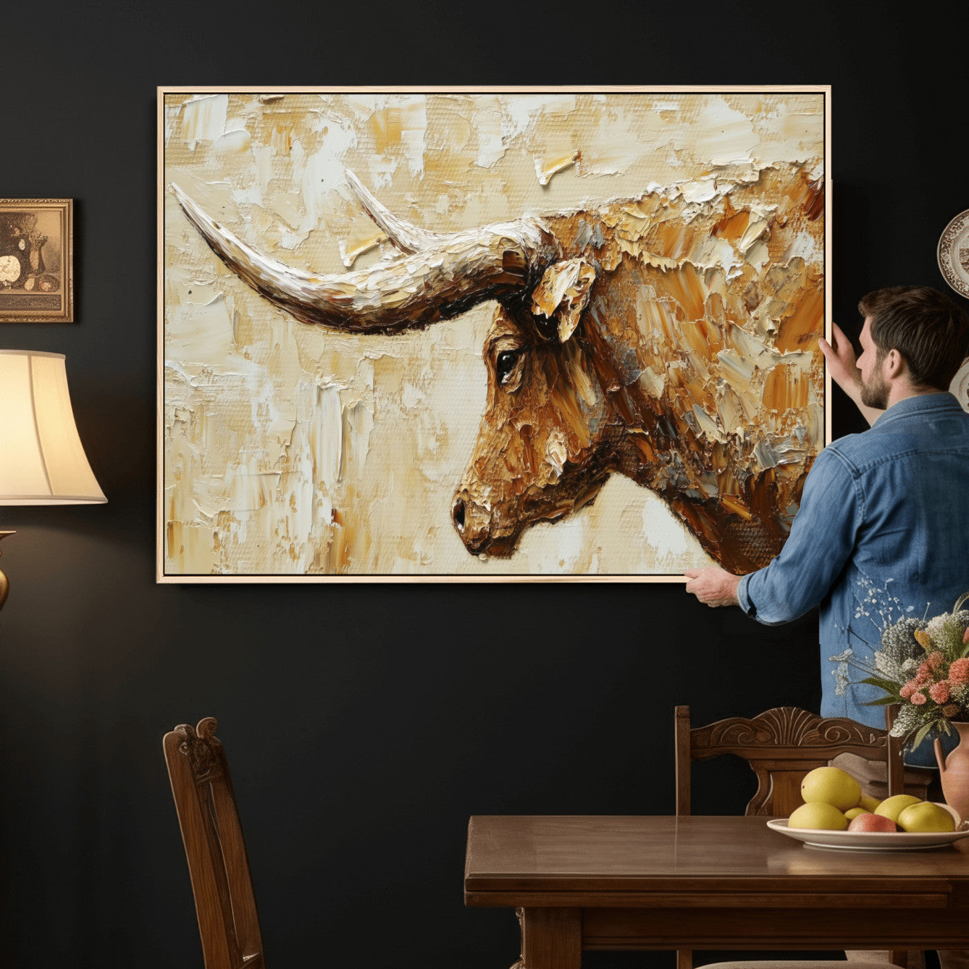 69611428-MGV-CV-36X24 - Rustic Longhorn Bull Wall Art Canvas Print – Vintage Western Cattle Painting, Texas Abstract Wall Cow Prints
