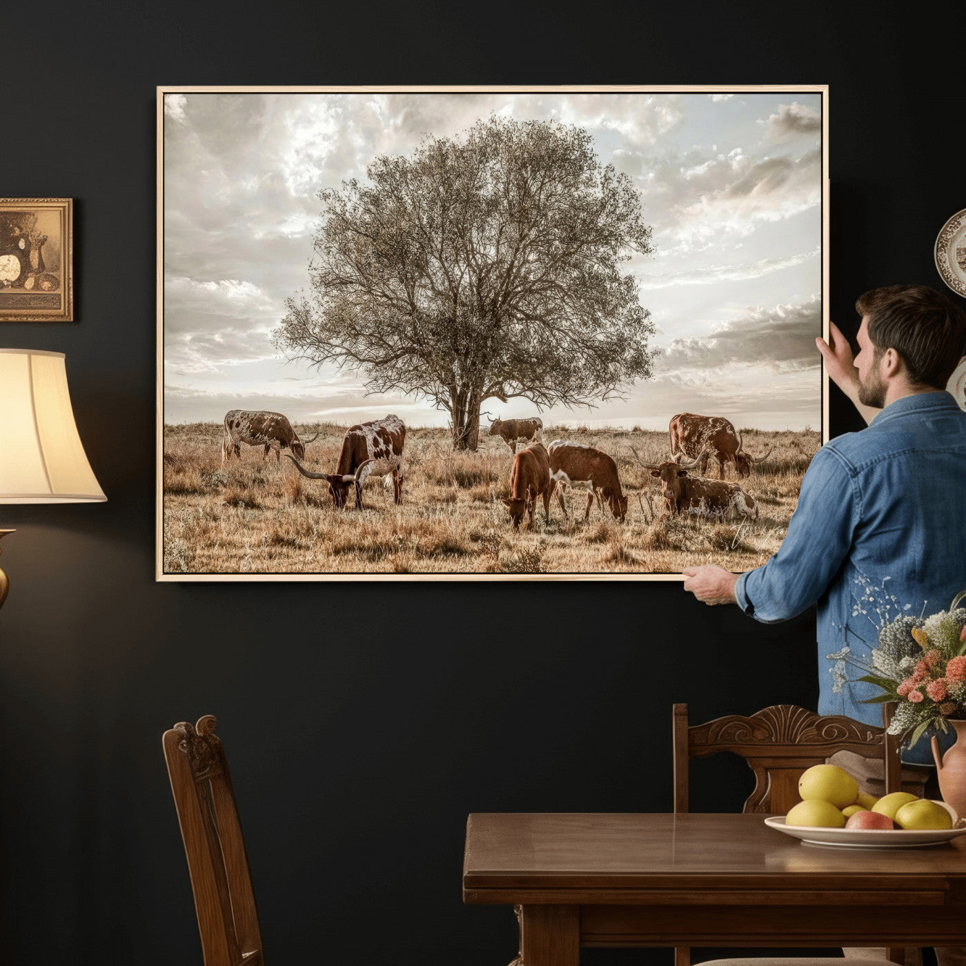 87590224-MGV-CV-36X24 - Texas Longhorn Cattle Wall Art Canvas Print – Rustic Western Ranch Scene with Steers at Sunset, Perfect for Farmhouse or Cowboy Decor
