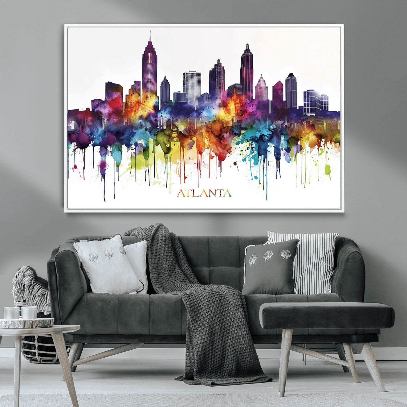 36048320-MGV-CV-36X24-Atlanta Skyline Wall Art Canvas Print – Framed Colorful Watercolor Cityscape Abstract Urban Artwork for Home, Office