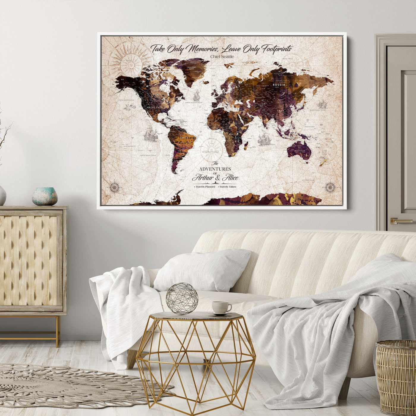 -Personalized World Map Canvas – Custom Framed Push Pin Travel Tracker, Elegant Wall Art Gift for Couples for Home, Office