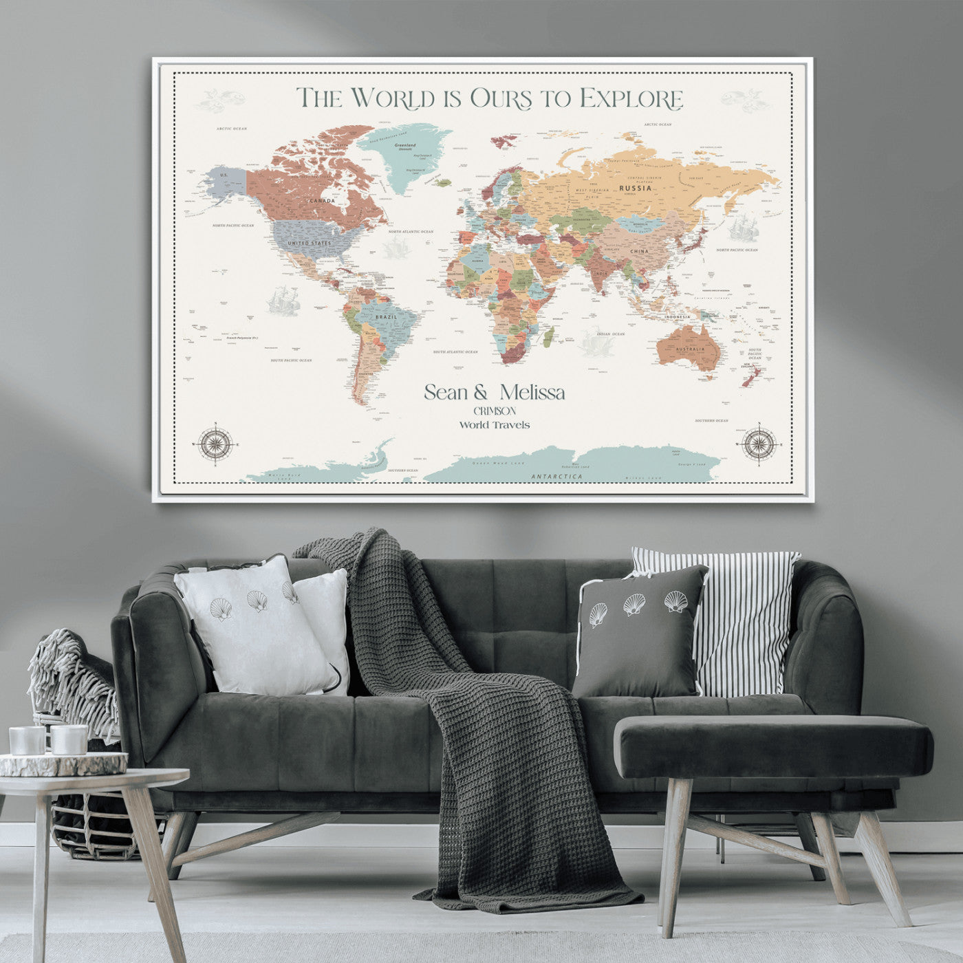 Rehber01-MGV-CV-36X24-Custom Push Pin World Map Wall Art Canvas Print – Personalized Travel Tracker with Pins Framed Large for home, office