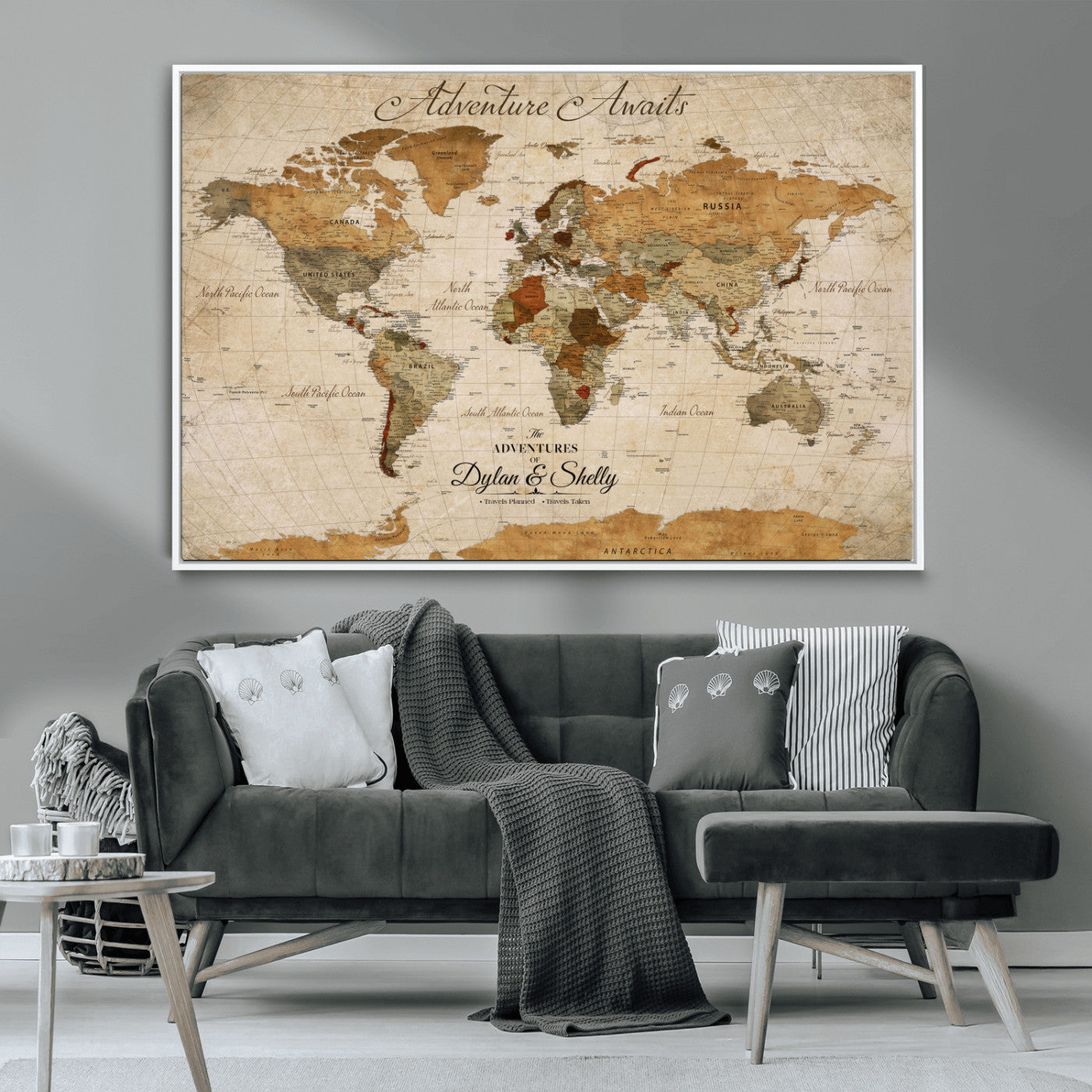 -Personalized Push Pin World Map Canvas Print – Custom Adventure Travel Map, Framed Wall Art Gift for Couples or Family