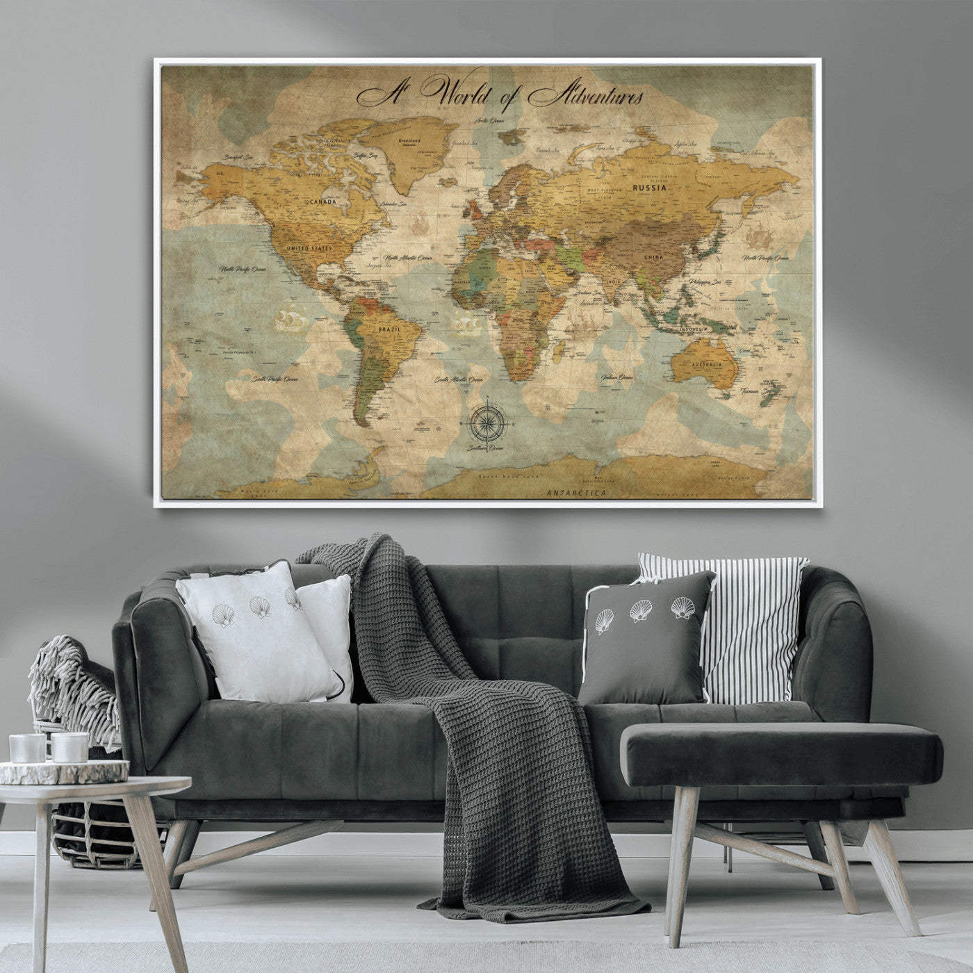 Rehber01-MGV-CV-36X24-Personalized World Map Canvas – Custom Framed Push Pin Travel Map Wall Art, Vintage Style Gift for Couples or Families