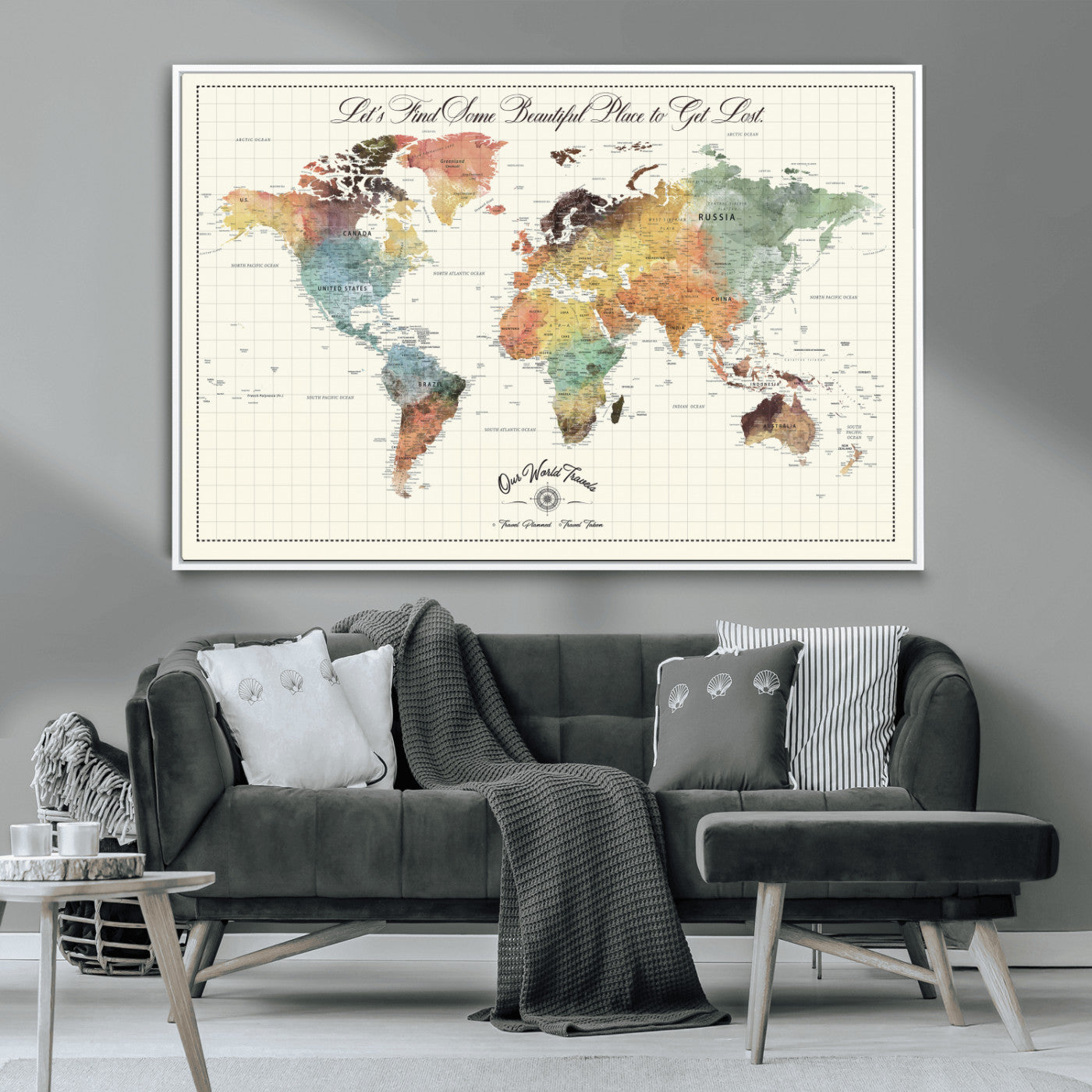 -Personalized Push Pin World Map Canvas Print – Custom Adventure Travel Tracker Map, Framed Wall Art Gift for Couples or Family