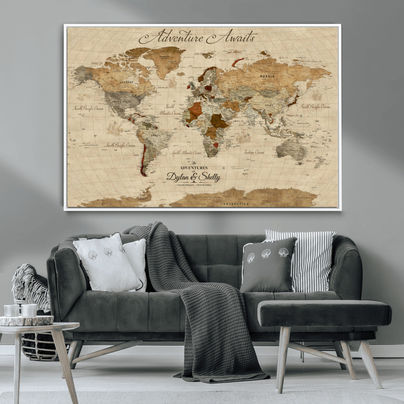 Rehber01-MGV-CV-36X24-Personalized World Map Canvas – Custom Framed Push Pin Travel Map Wall Art with Names, Vintage Style Gift for Couples