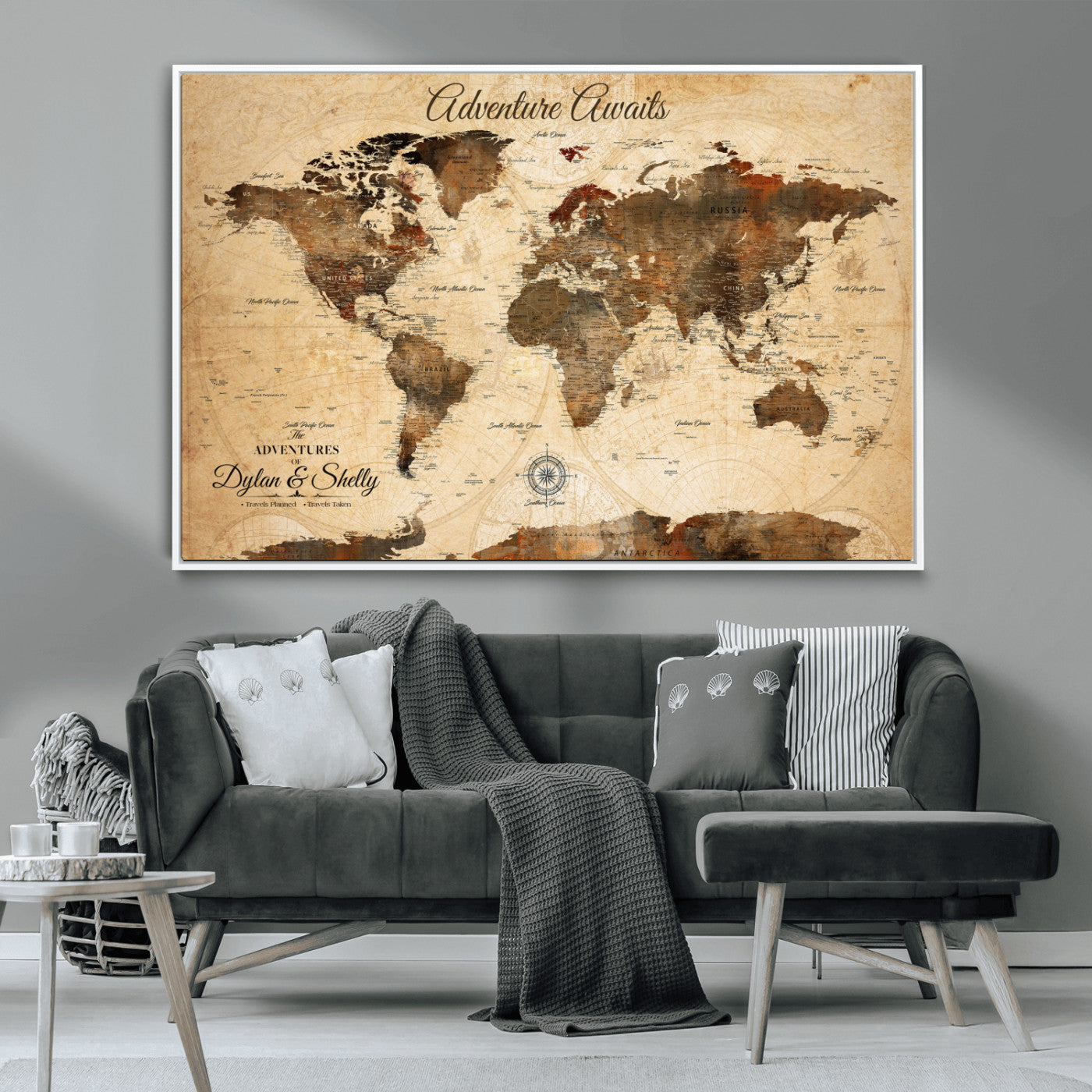 Rehber01-MGV-CV-36X24-Personalized World Map Canvas Wall Art – Custom Framed Push Pin Travel Tracker Print, Unique Gift for Home or Office Decor