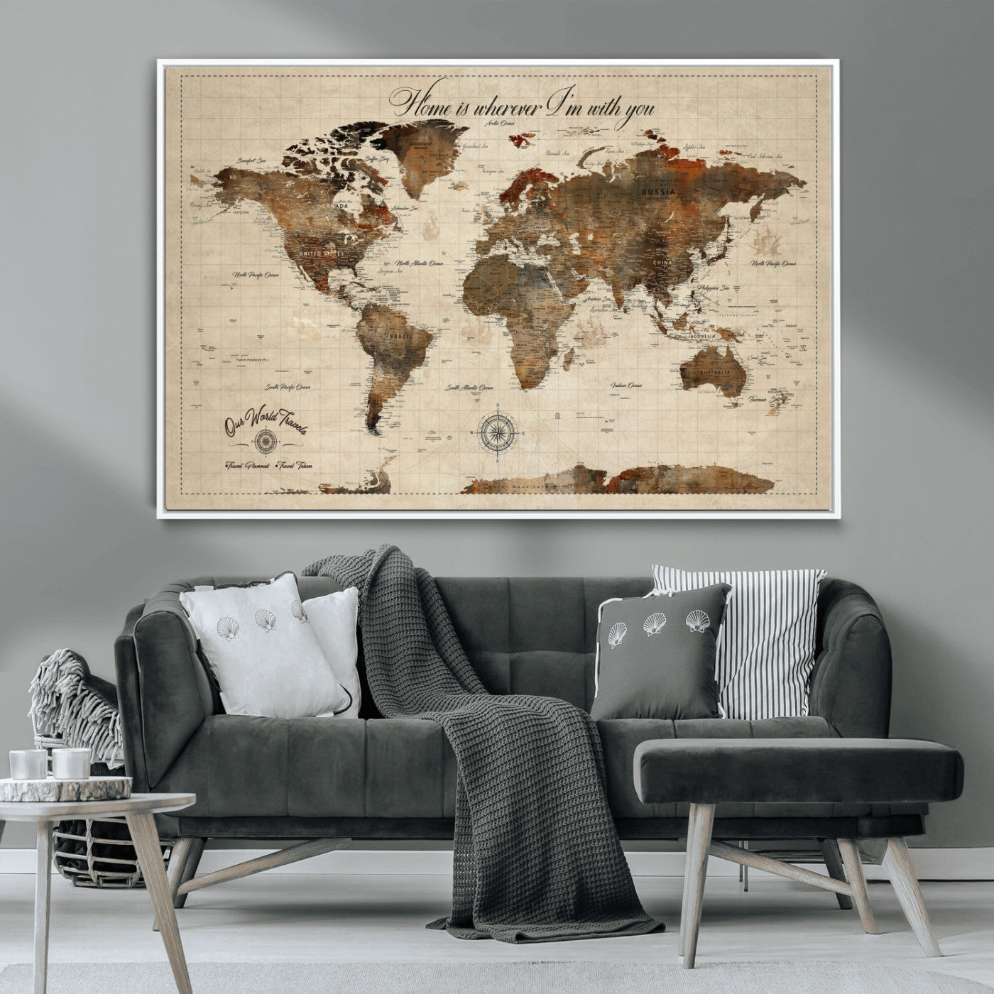 Rehber01-MGV-CV-36X24-Personalized World Map Canvas Wall Art – Custom Framed Push Pin Travel Tracker Print, Unique Gift for Home or Office Decor