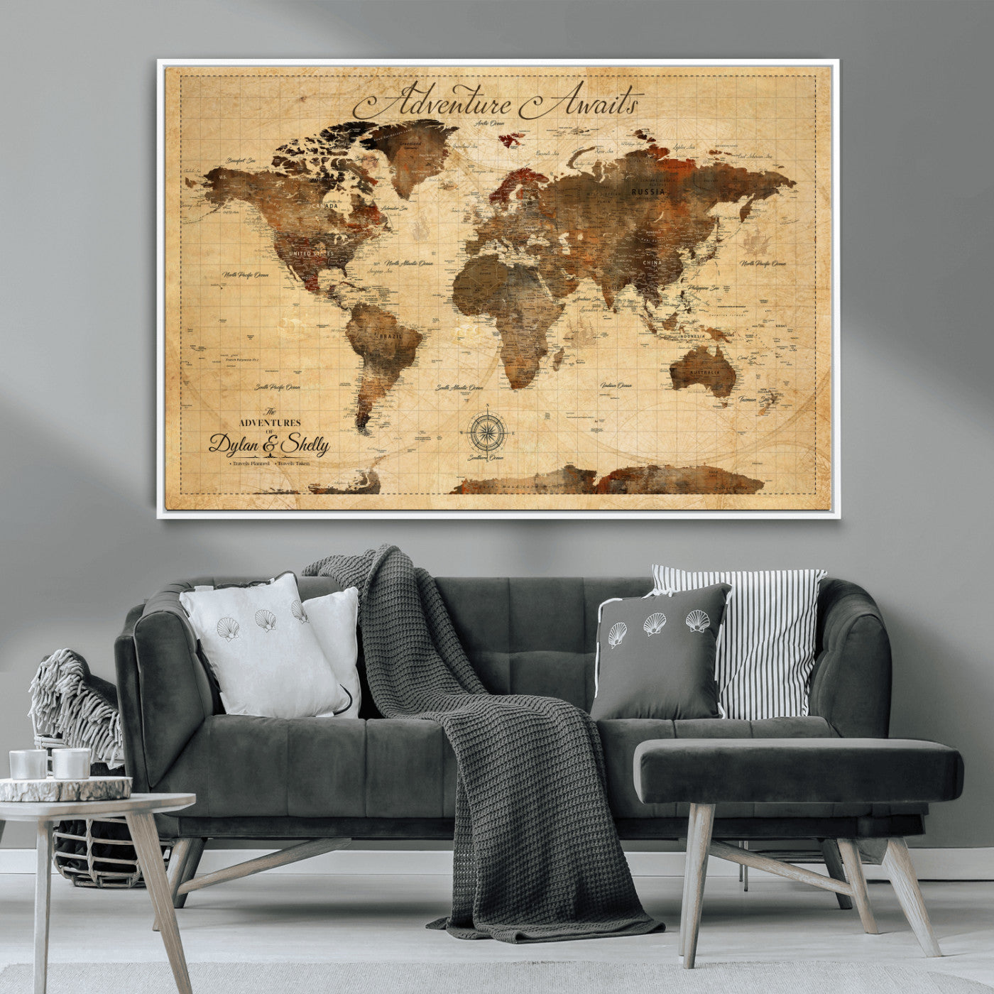 Rehber01-MGV-CV-36X24-Personalized World Map Canvas Wall Art – Custom Framed Push Pin Travel Tracker Print, Unique Gift for Home or Office Decor