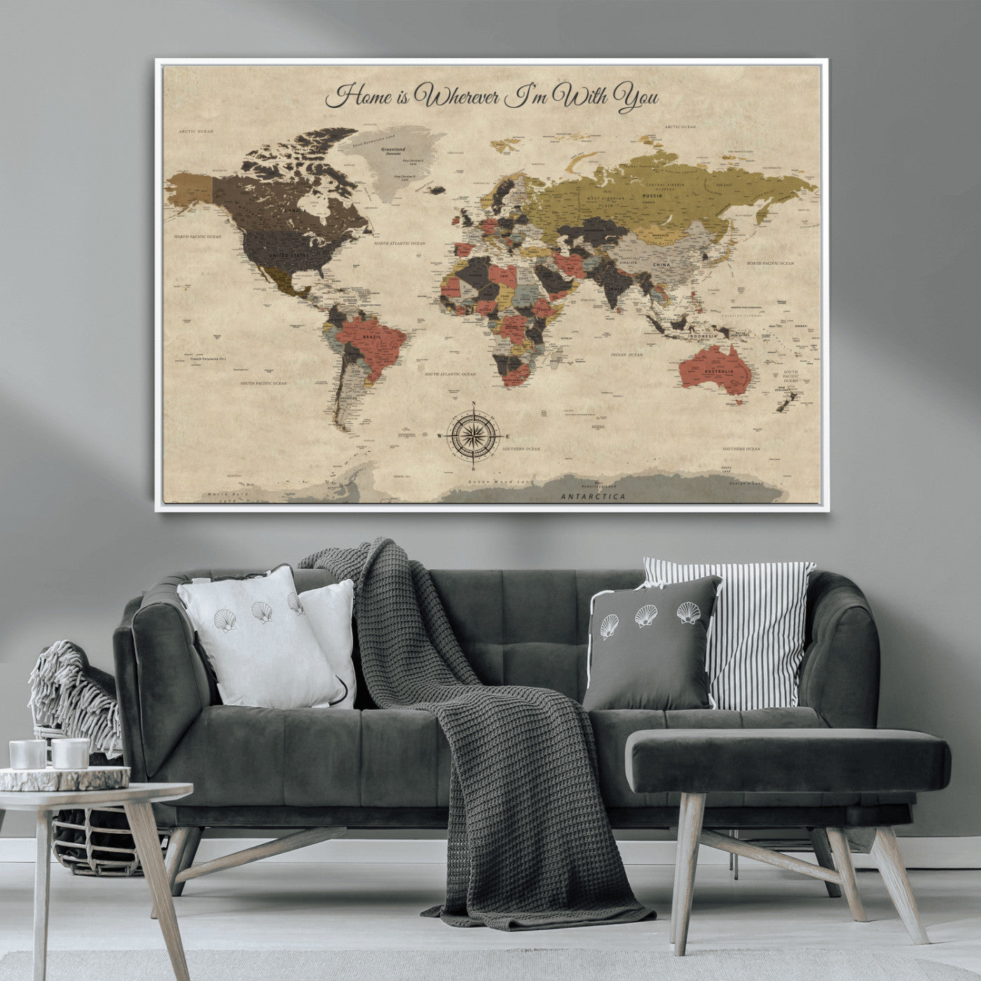 -Personalized World Map Wall Art Canvas Print – Customizable Push Pin Framed Travel Map Artwork for Home Office