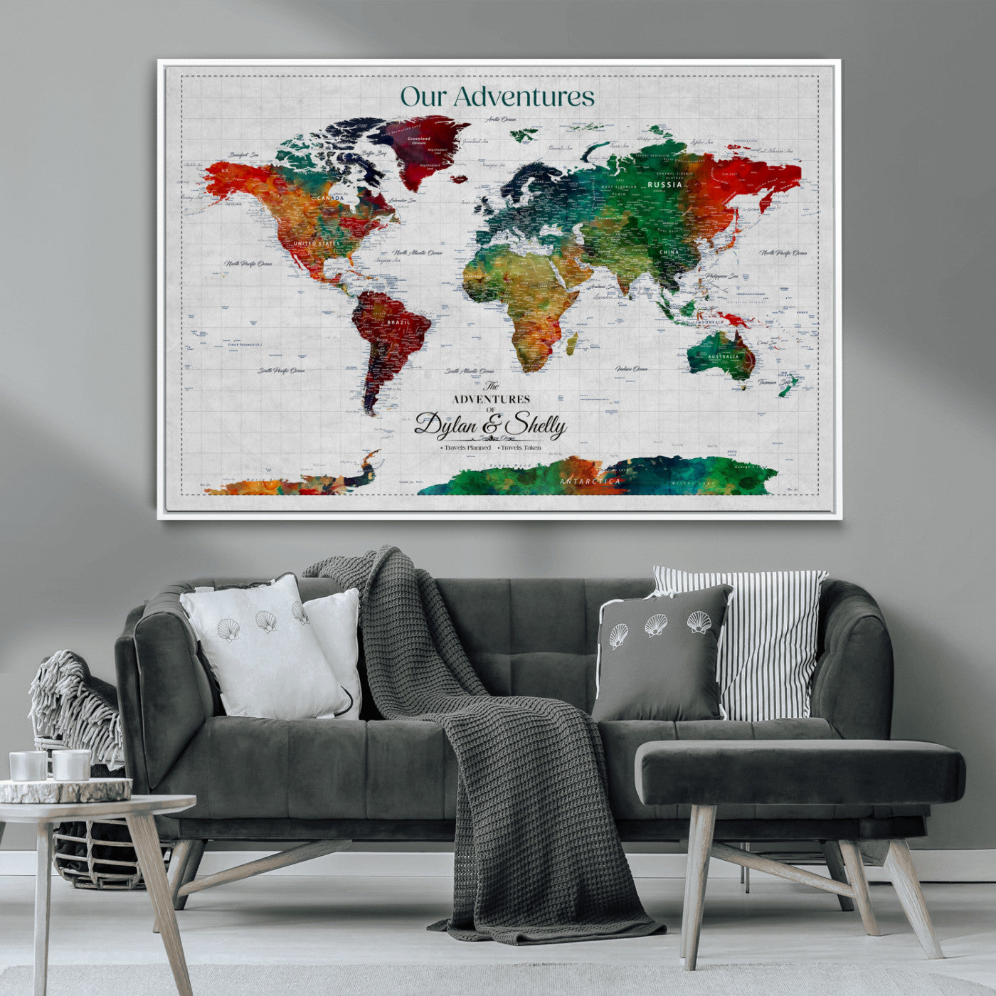 Rehber01-MGV-CV-36X24-Personalized World Map Canvas Wall Art – Custom Framed Push Pin Travel Tracker Print, Unique Gift for Home or Office Decor