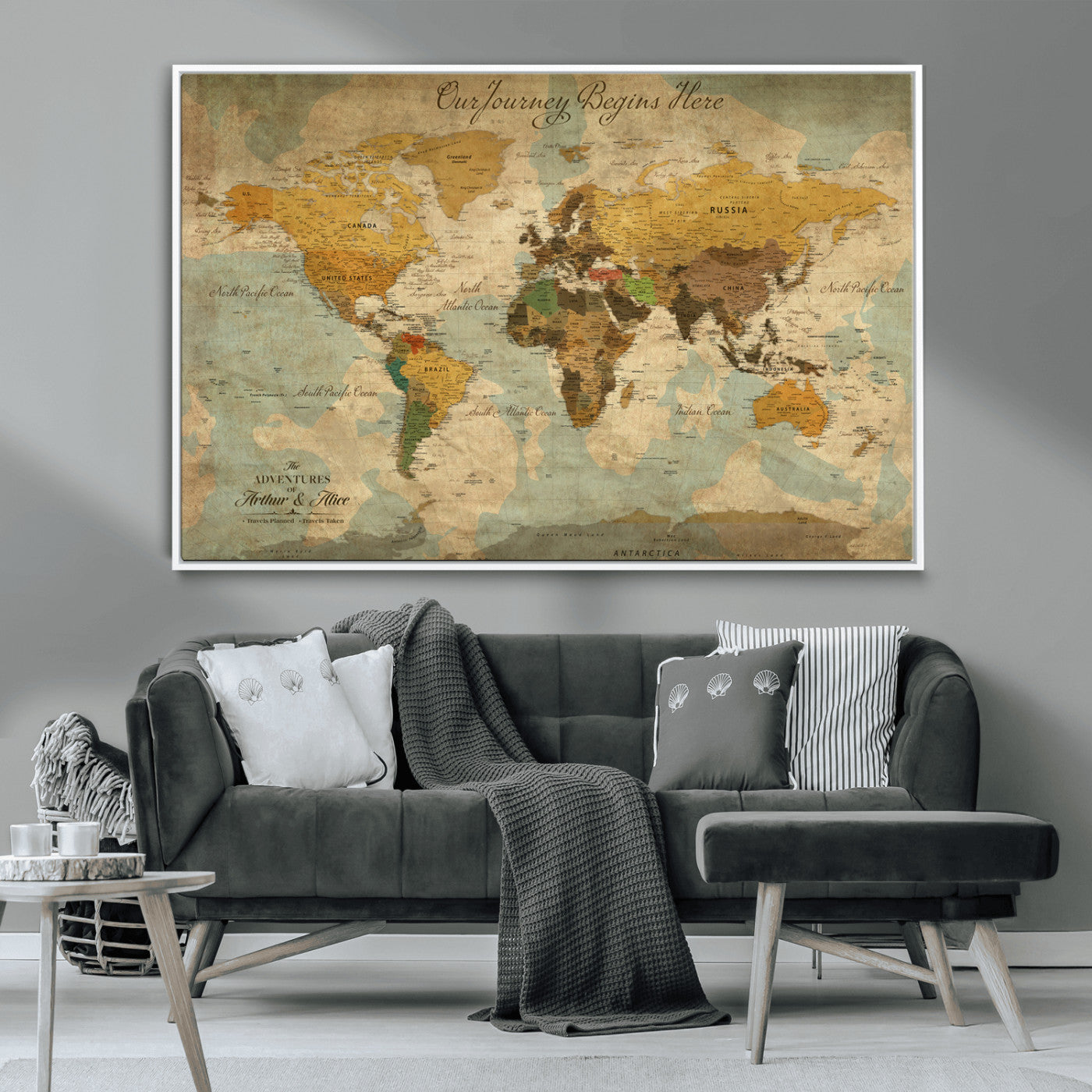 Rehber01-MGV-CV-36X24-Personalized World Map Canvas Wall Art – Custom Framed Push Pin Travel Tracker Print, Unique Gift for Home or Office Decor