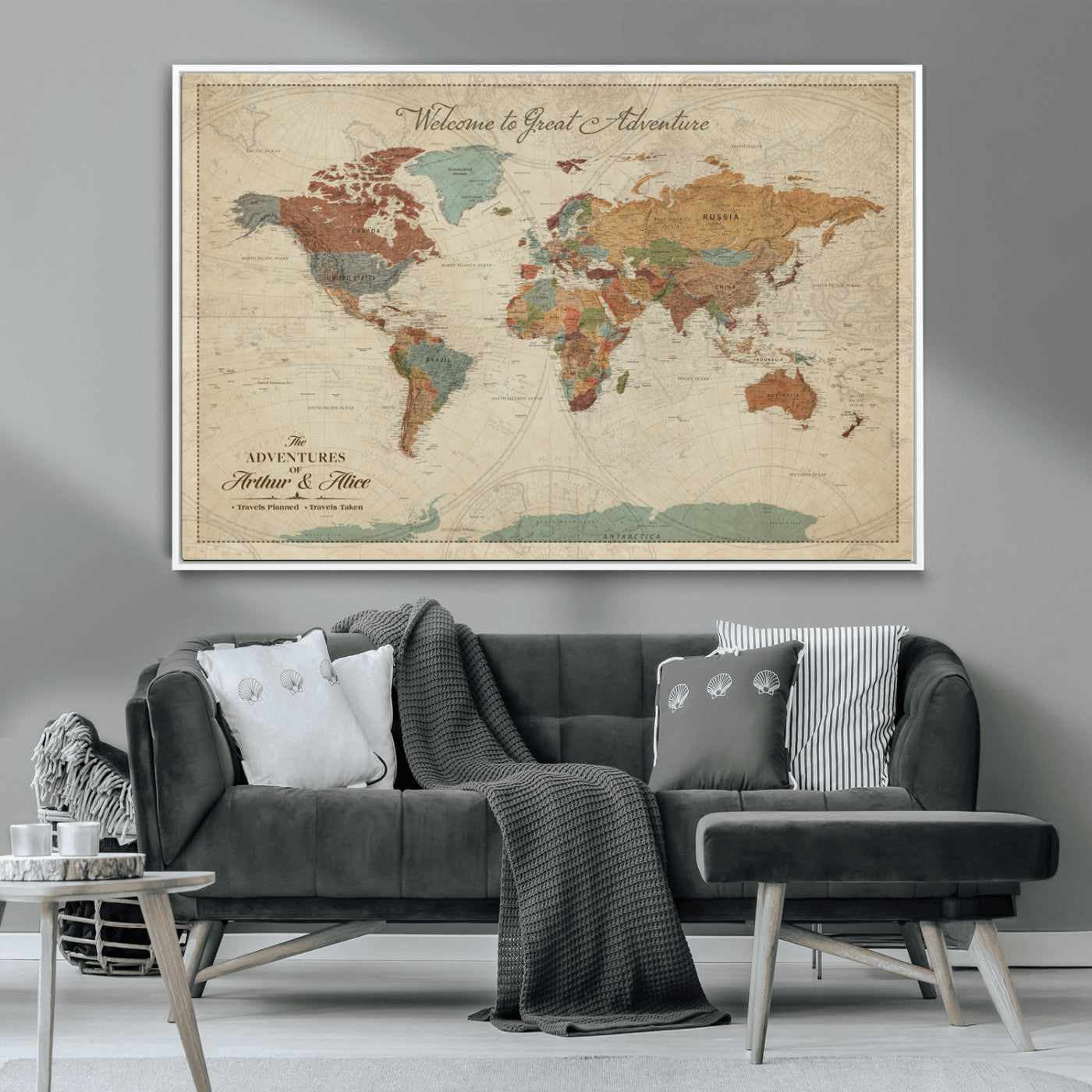 -Personalized World Map Canvas Wall Art – Custom Framed Push Pin Travel Tracker Print, Unique Gift for Home or Office Decor