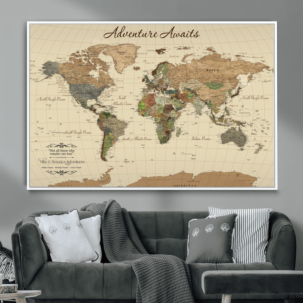 31875069-MGV-FC-36X24 - Customizable Push Pin World Map Wall Canvas Print – Personalize Travel Tracker with Pins – Framed Custom Quotie Canvas for Home Office Decor
