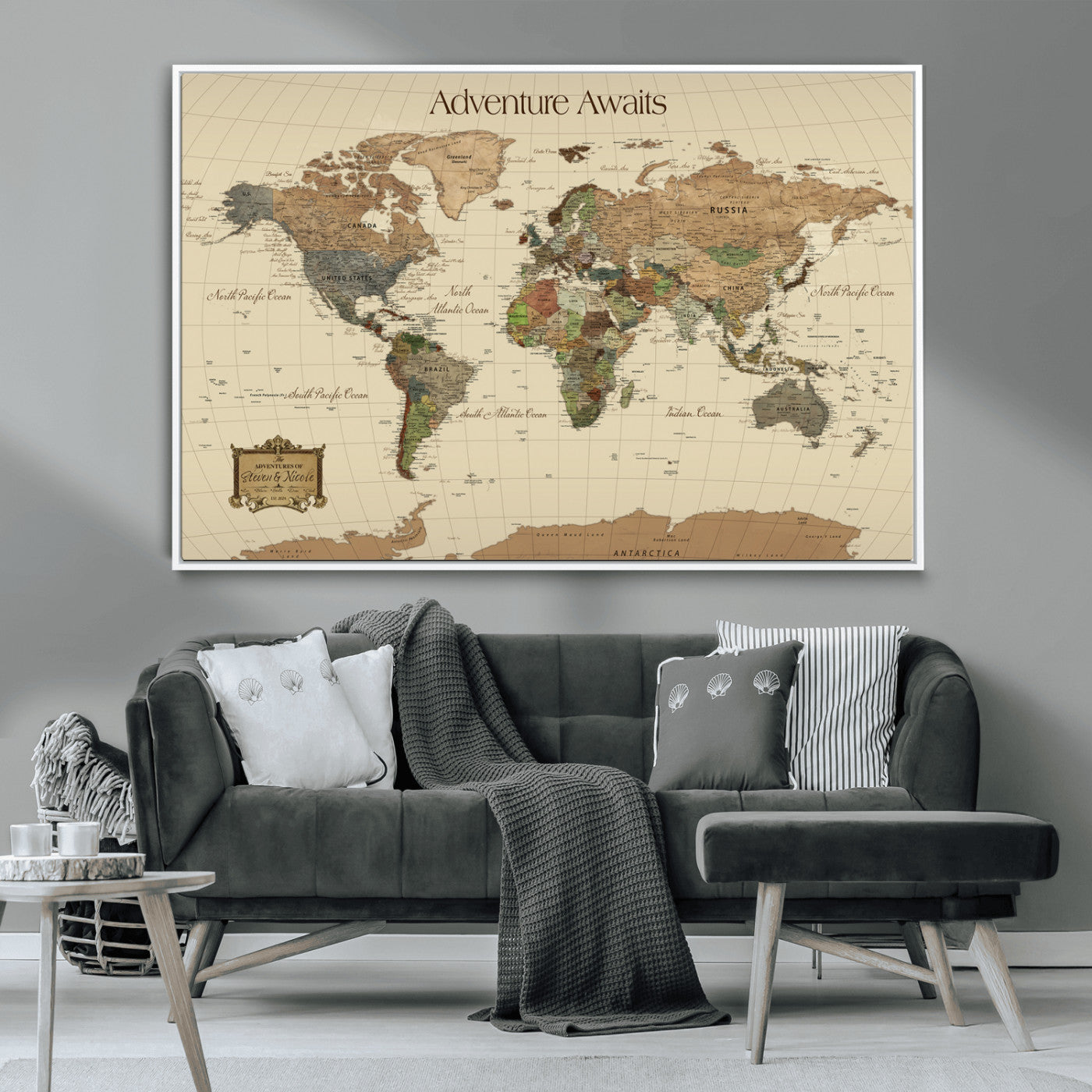Rehber01-MGV-CV-36X24-Custom Push Pin World Map Wall Art Canvas Print – Personalized Travel Tracker Adventure Destination Gift for Home Office