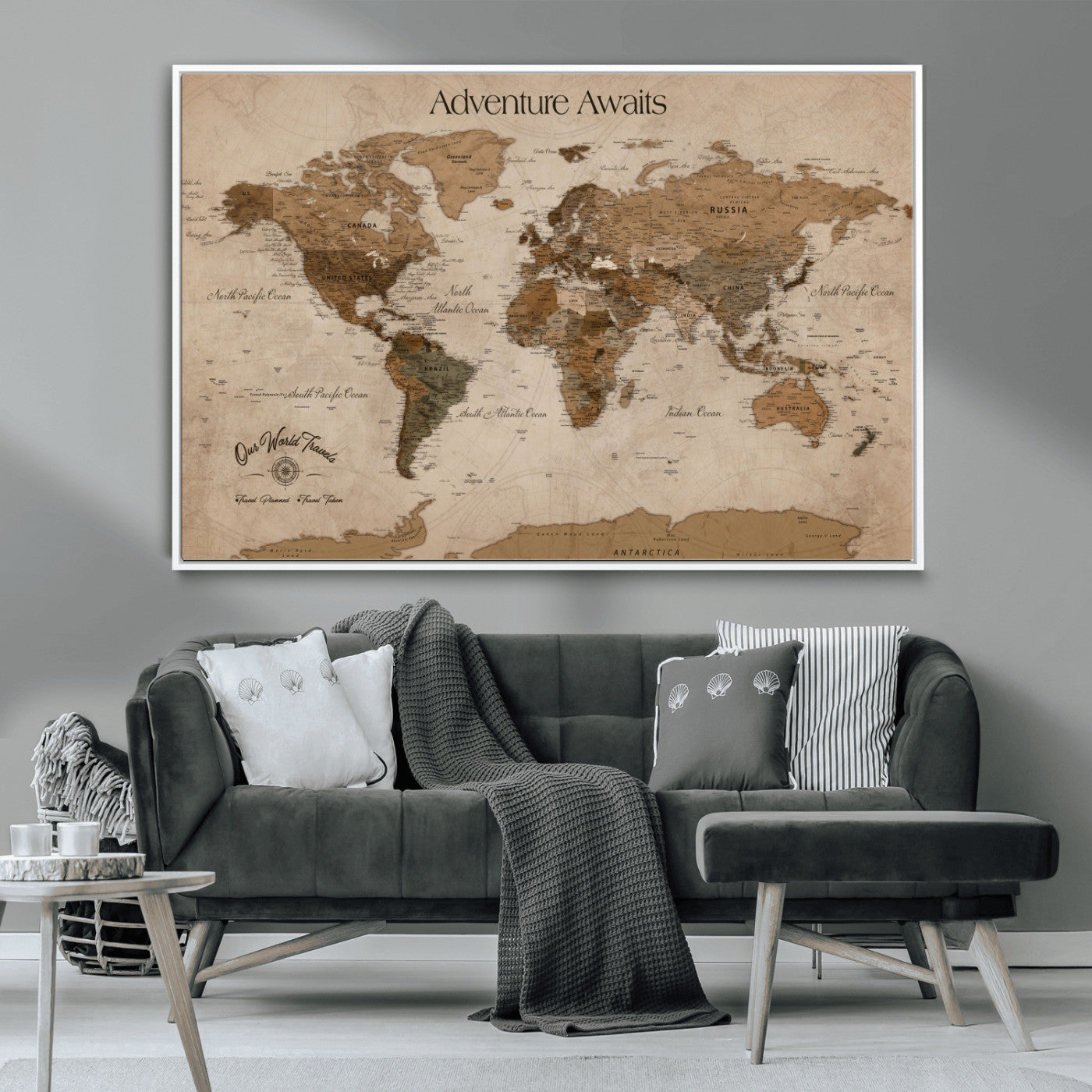 Rehber01-MGV-CV-36X24-Personalized Framed World Map Wall Art Canvas – Custom Push Pin Travel Map with 100 Pins Foam Backing for Home Office