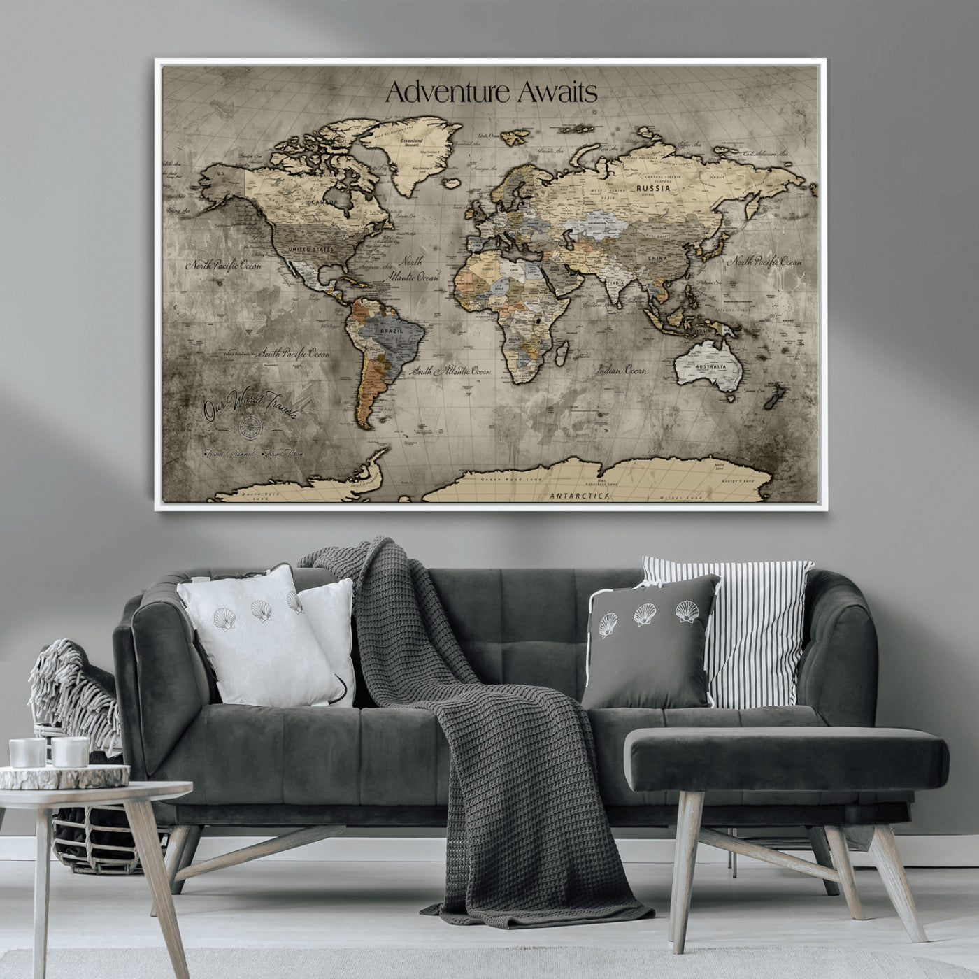 -Tree Rings Wall Art Canvas Print, Framed Wood Texture Art Picture Print, Blue Grain Perfect Rustic