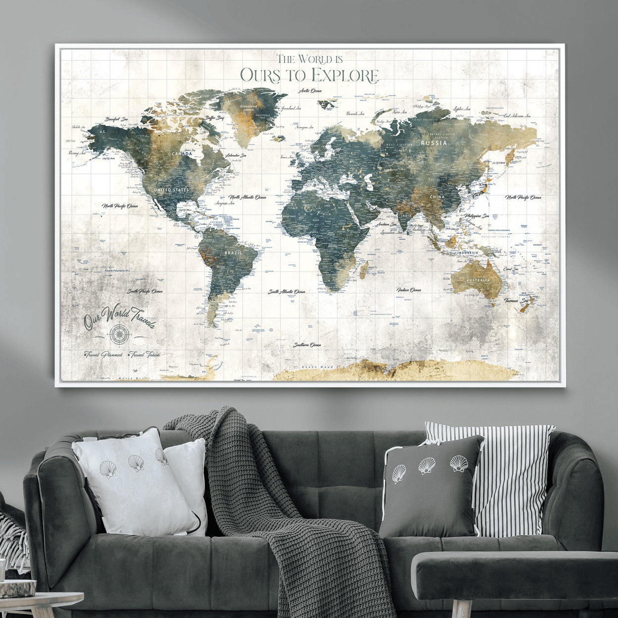 14988581-MGV-FC-36X24 - Custom Push Pin World Map Wall Canvas Print – Personalized Travel Tracker with Pins – Framed Custom Quotie Canvas for Home Office Decor