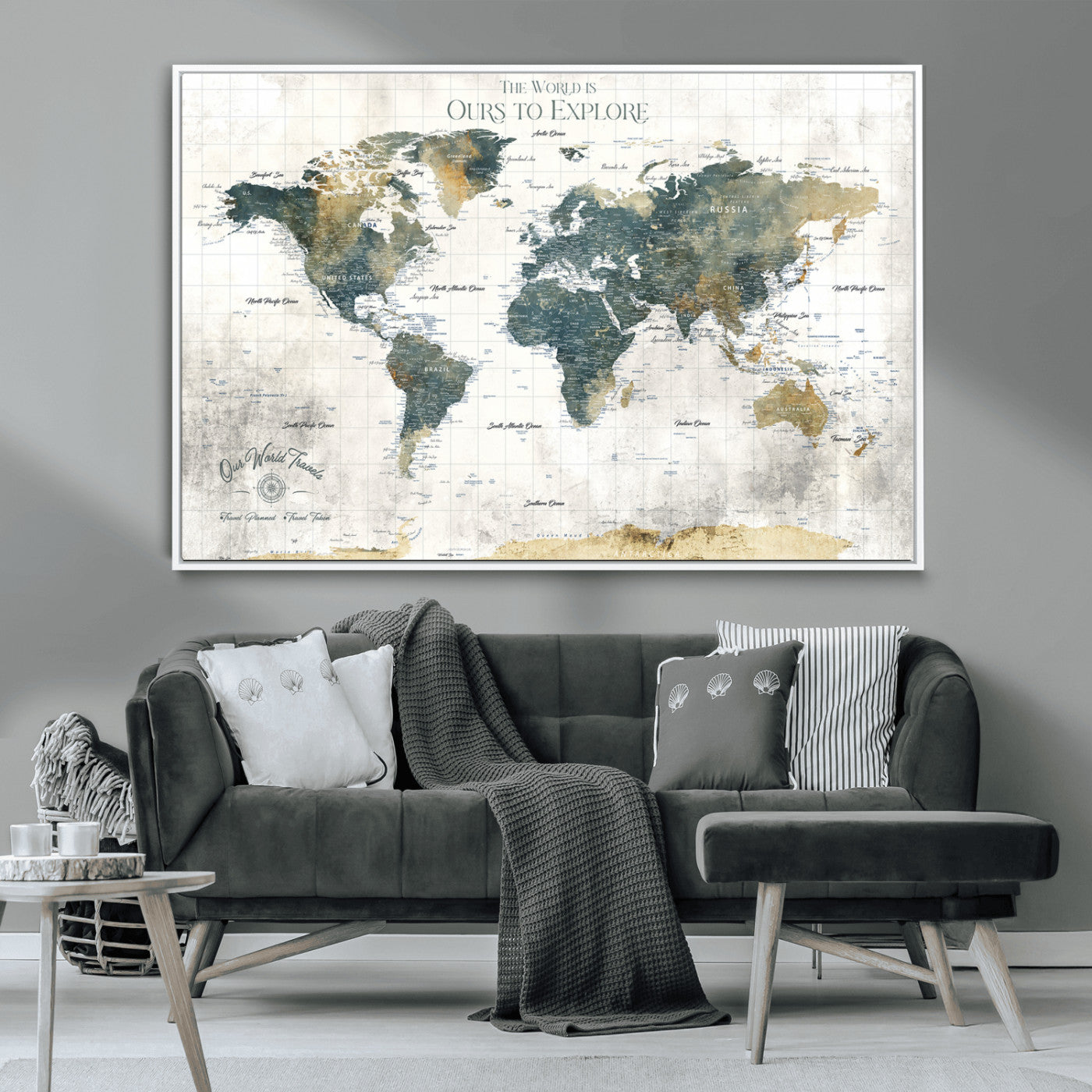 -Custom Push Pin World Map Wall Art Canvas Print – Adventure Travel Tracker Map with Pins Artwork for Home Office