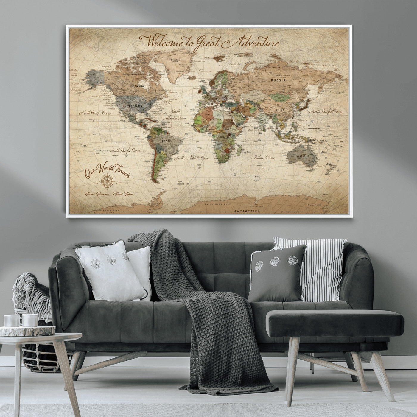 -Personalized Antique World Map Canvas Print – Custom Push Pin Travel Tracker Vintage Adventure Gift for Couples for Home, Office