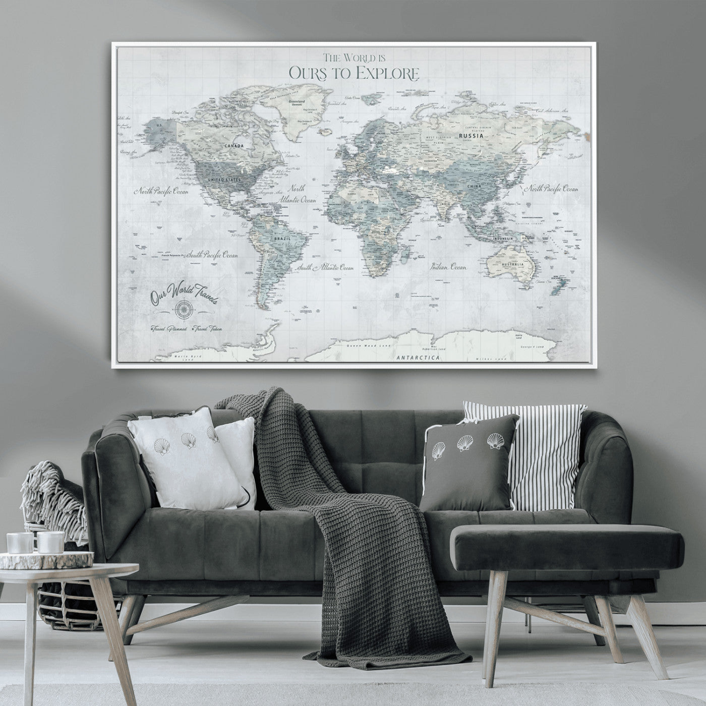 73654056-MGV-FC-36X24 - Personalized Push Pin World Map Canvas Print – Custom Framed Travel Tracker Artwork for Couples or Home Decor