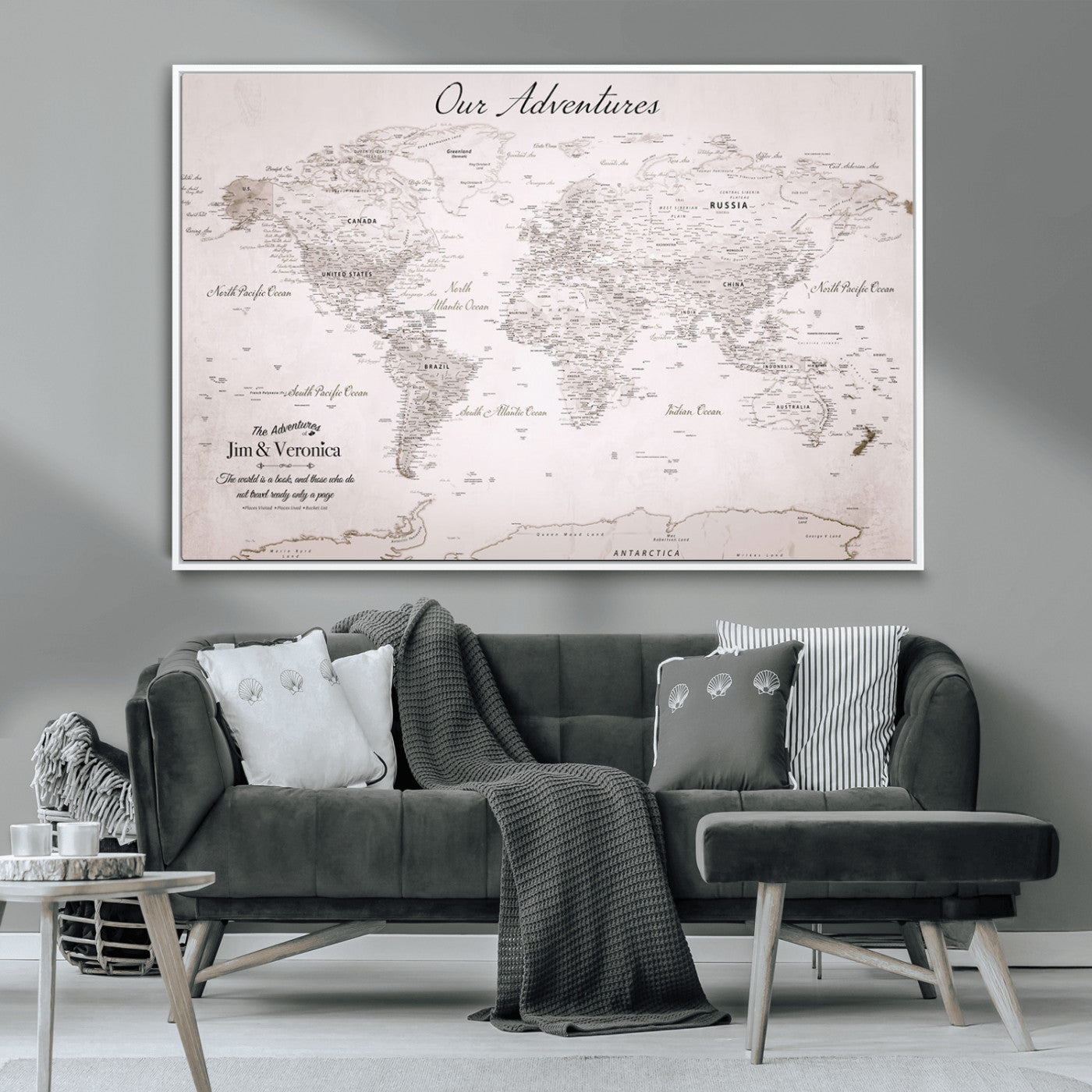 -Customize Push Pin World Map Wall Art Canvas Print – Personalized Travel Map with Foam Pins Framed for home, office