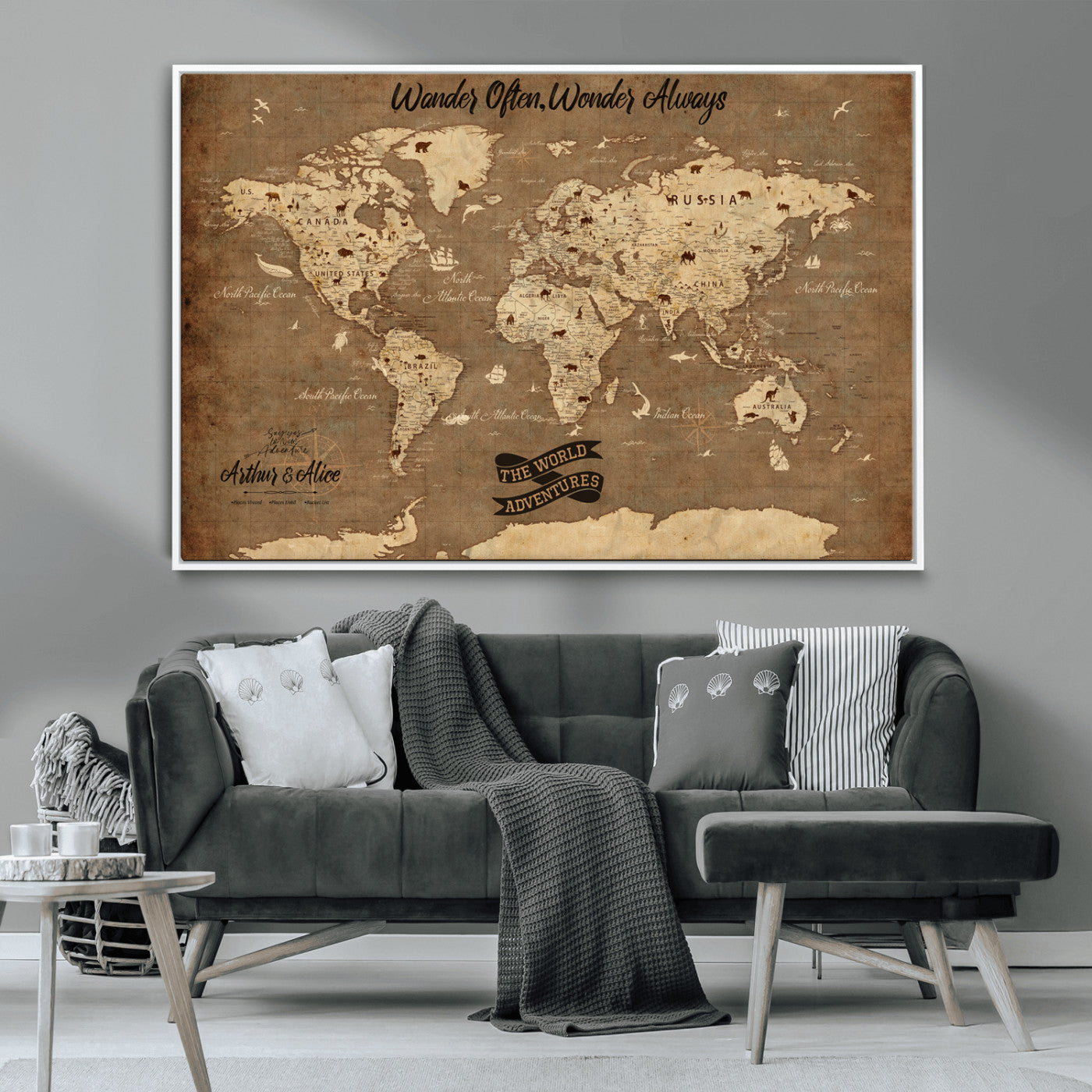 Rehber01-MGV-CV-36X24-Customize Push Pin World Map Wall Art Canvas Print – Personalized Kids Room Framed Map Adventure Travel for home, office